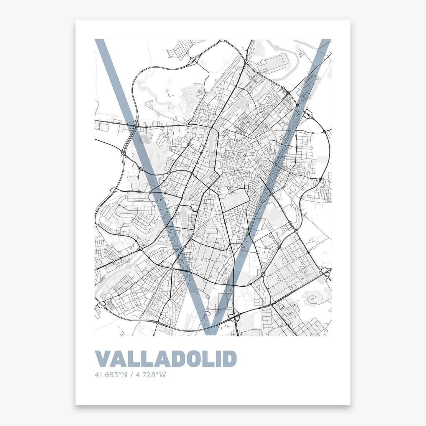 The map of Valladolid composed with letters in extra light font printed on black and white
