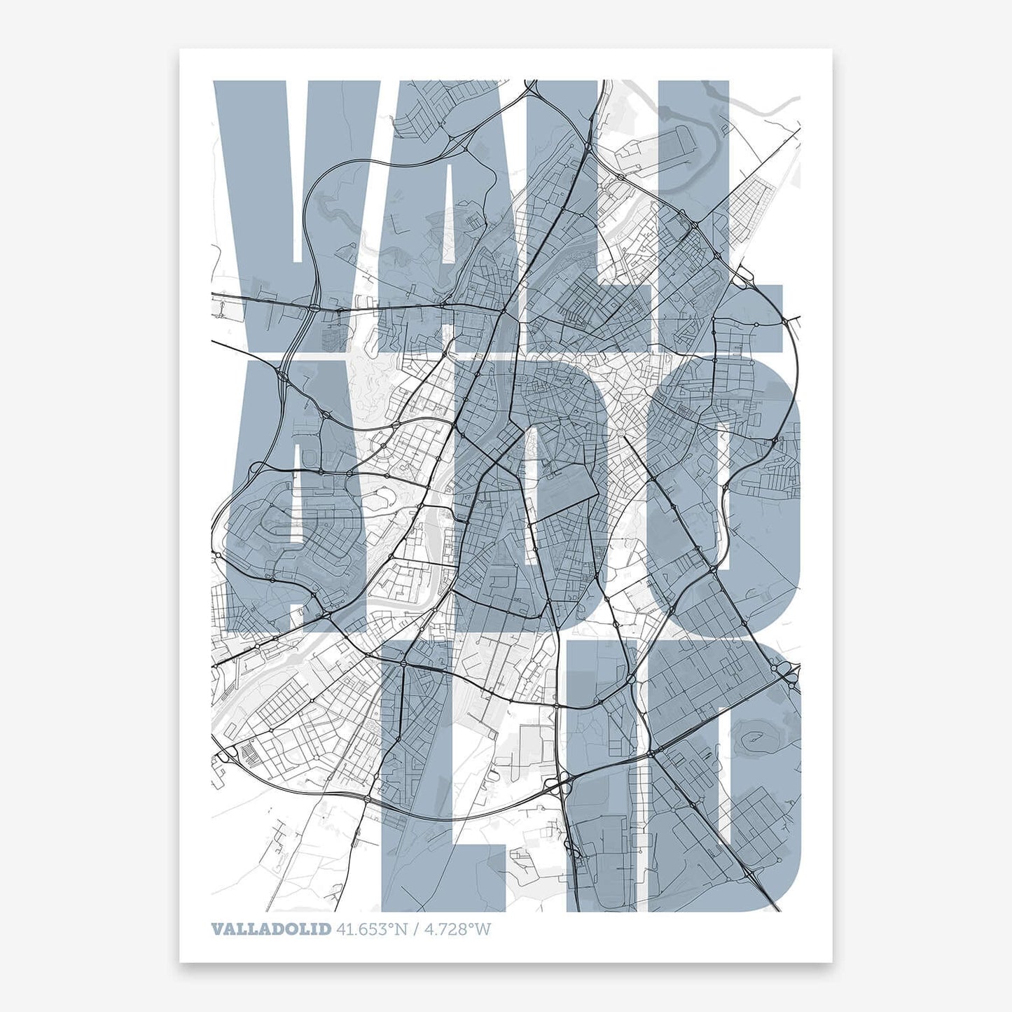 The map of Valladolid with letters of its name placed randomly, designed in black and white