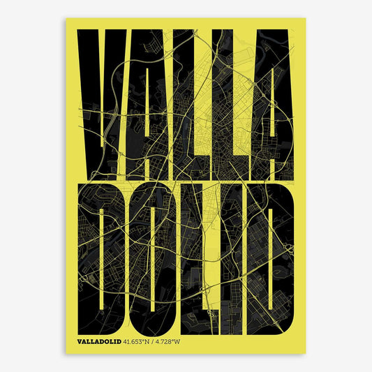 The map of Valladolid and letters of its name in a giclée print designed in black and yellow