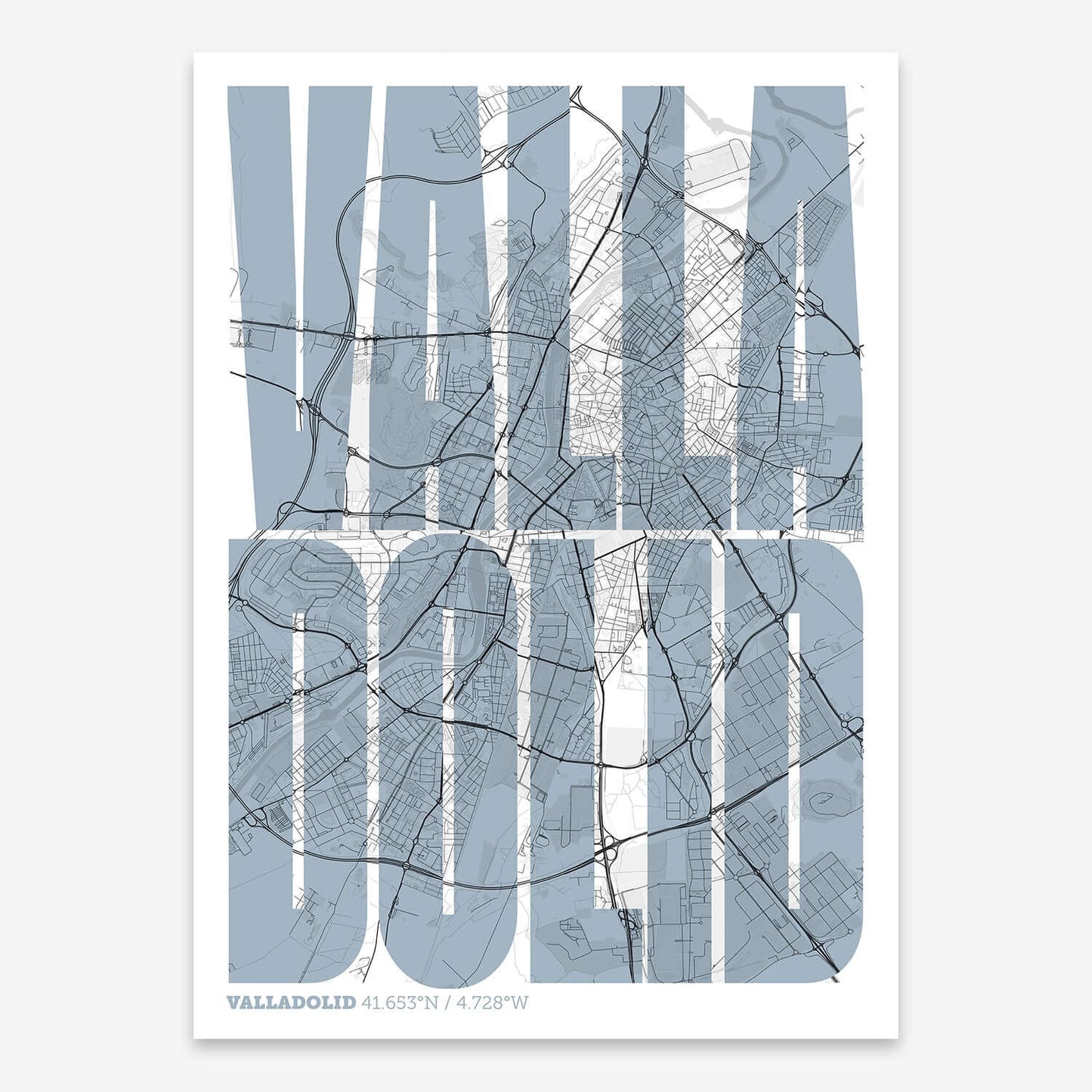 The map of Valladolid and letters of its name in a giclée print designed in black and white