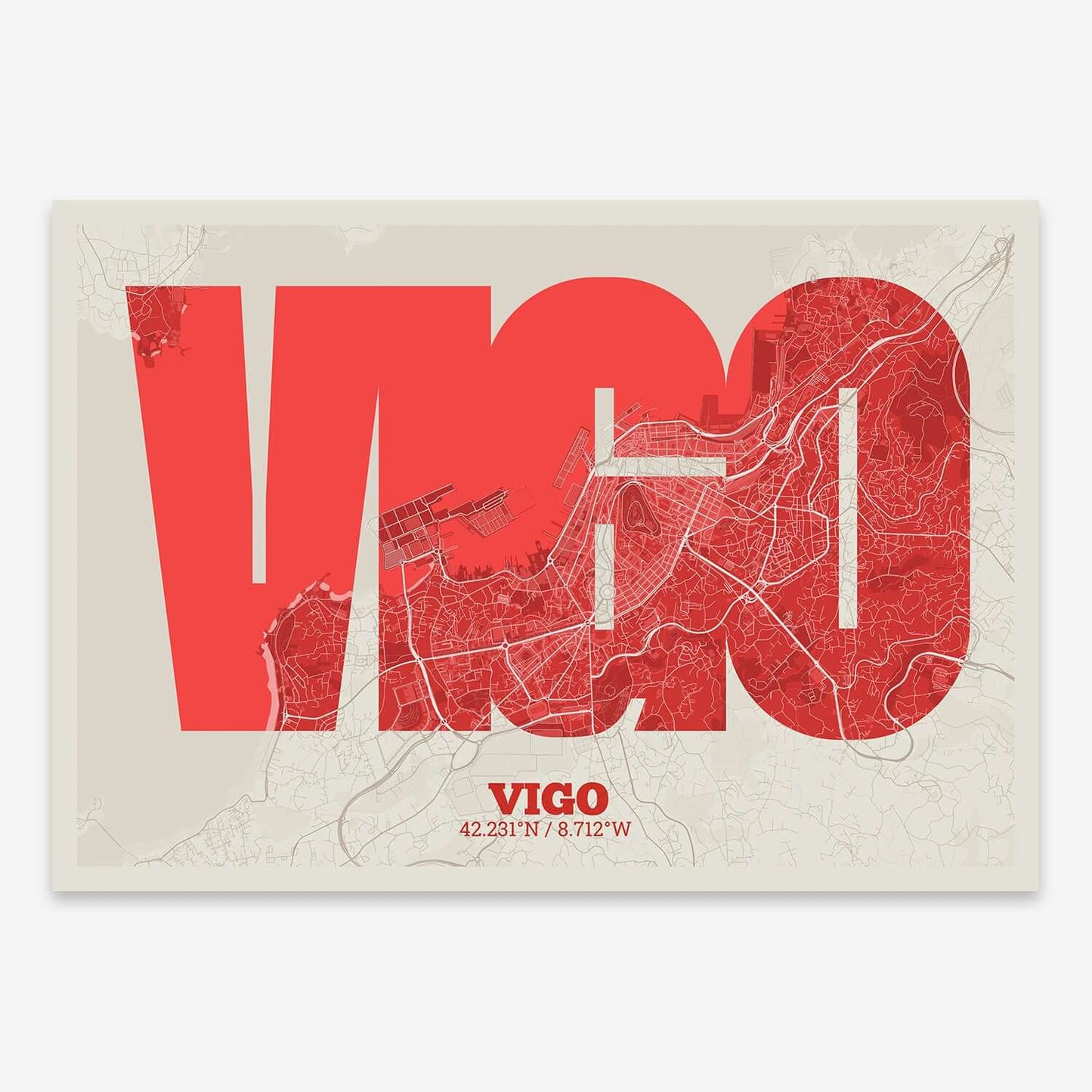 The map of Vigo composed with letters in a heavy geometric font printed on red and an off-white background
