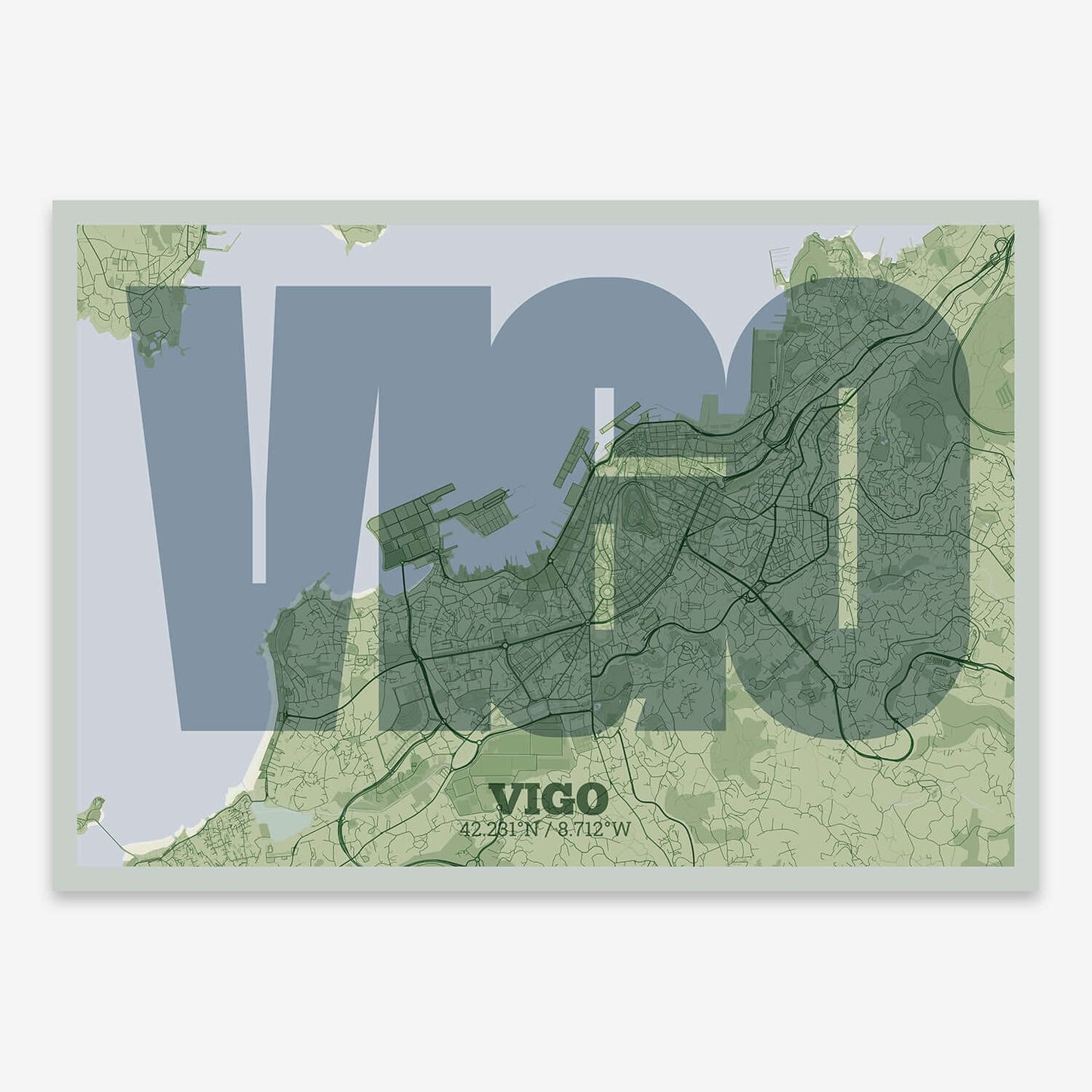 The map of Vigo composed with letters in a heavy geometric font printed on two green tones