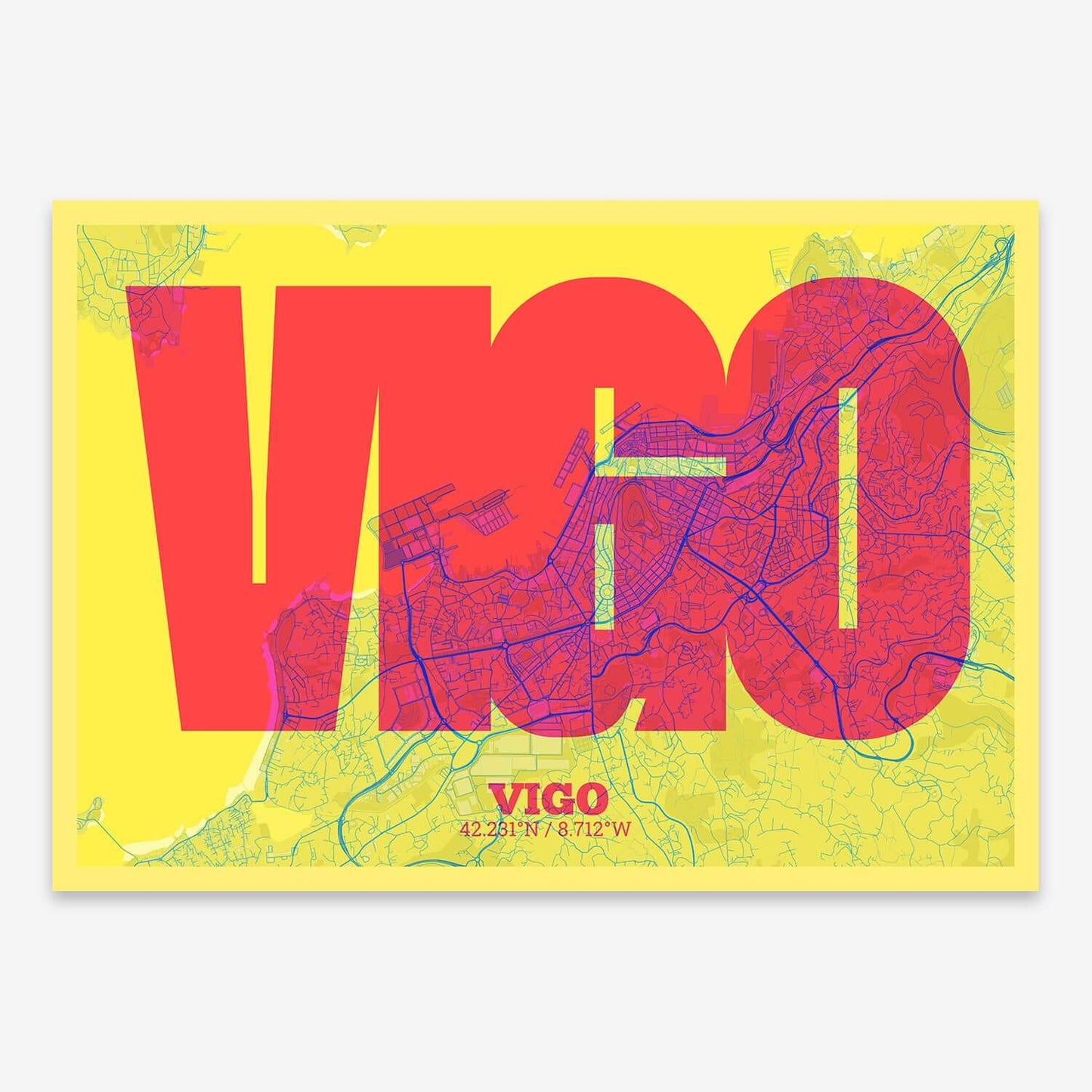 The map of Vigo composed with letters in a heavy geometric font printed on yellow and fuchsia
