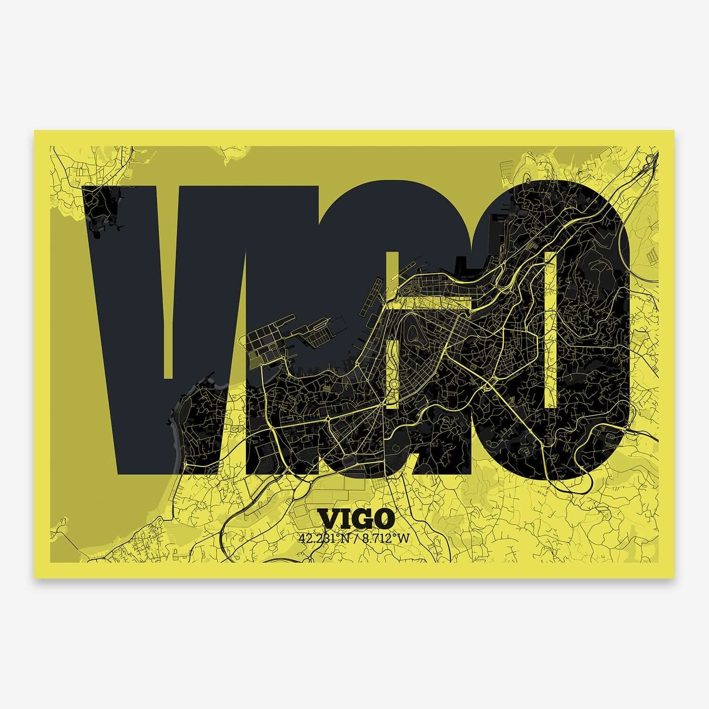 The map of Vigo composed with letters in a heavy geometric font printed on black and yellow