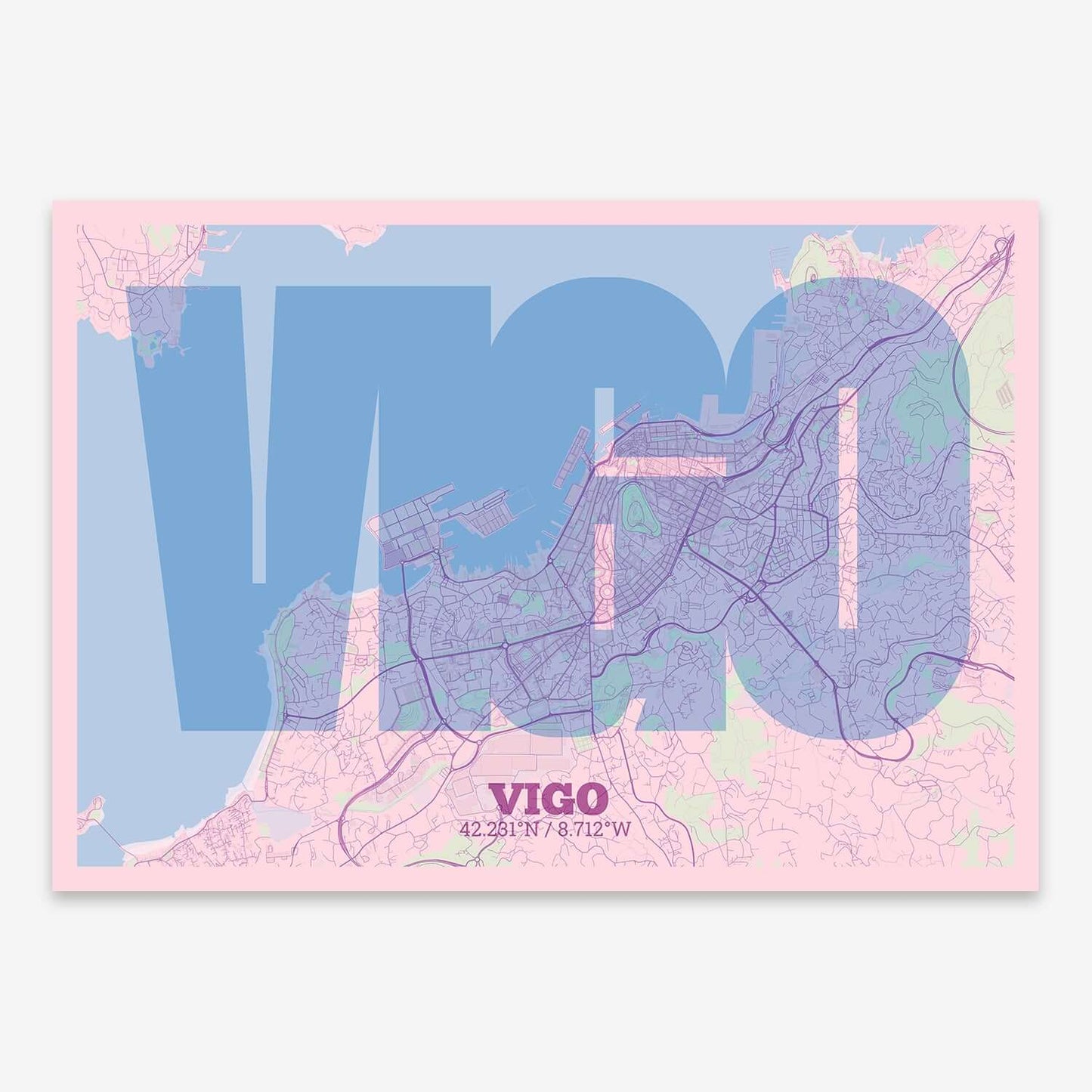 The map of Vigo composed with letters in a heavy geometric font printed on pink and light blue