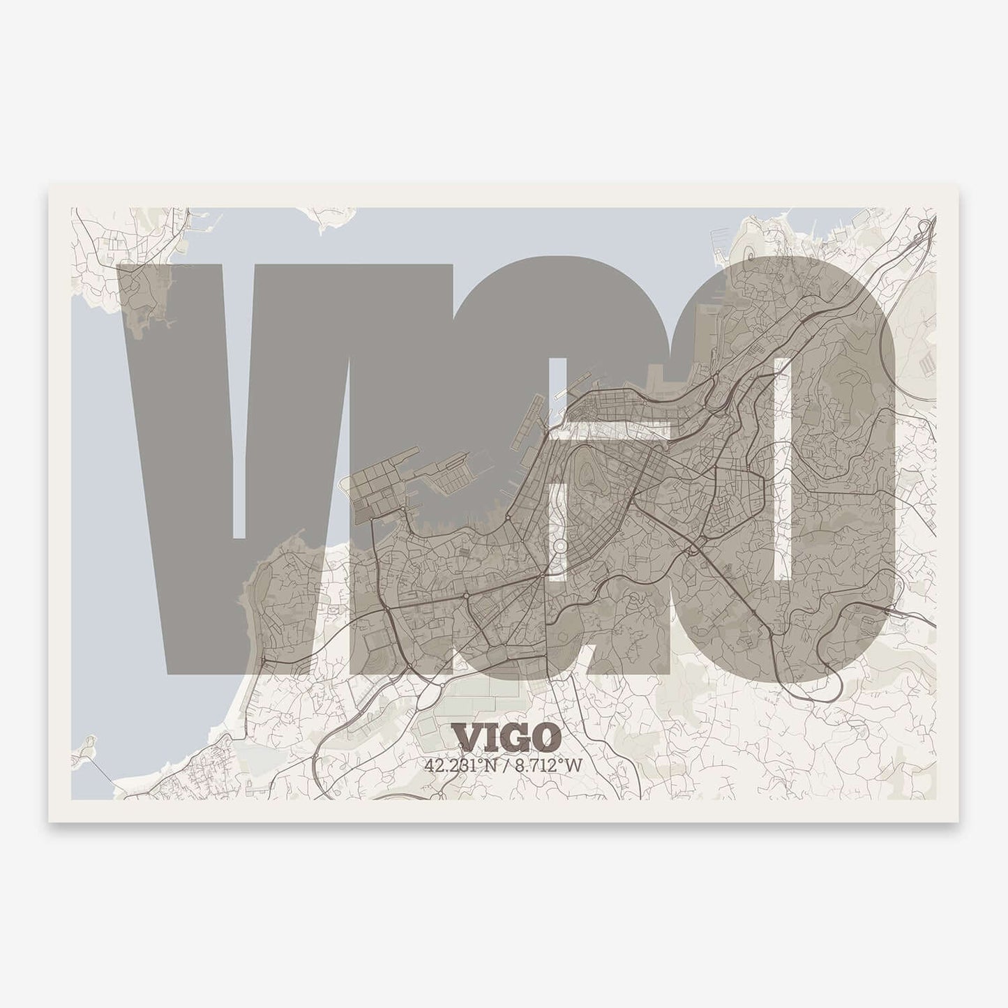 The map of Vigo composed with letters in a heavy geometric font printed on light brown and an off-white background