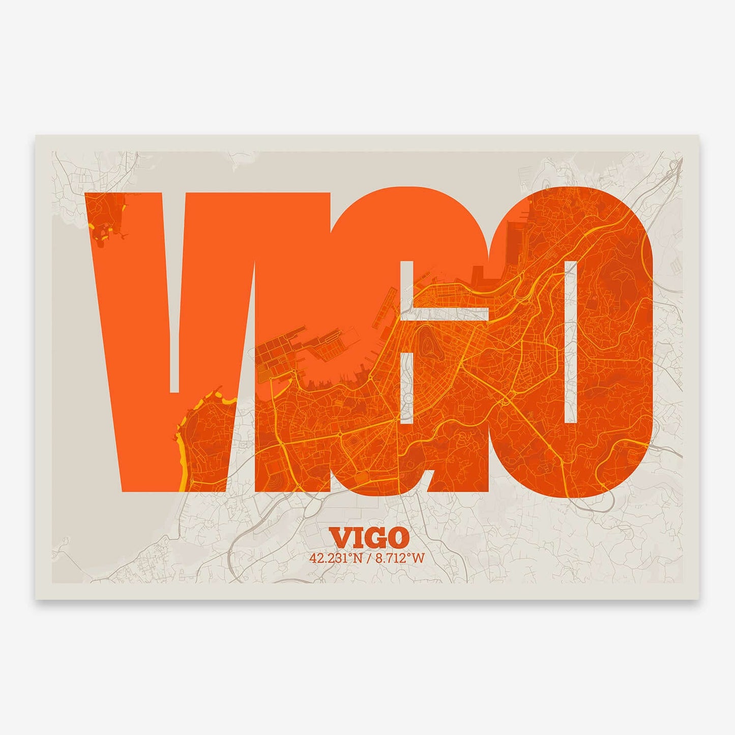 The map of Vigo composed with letters in a heavy geometric font printed on orange and an off-white background
