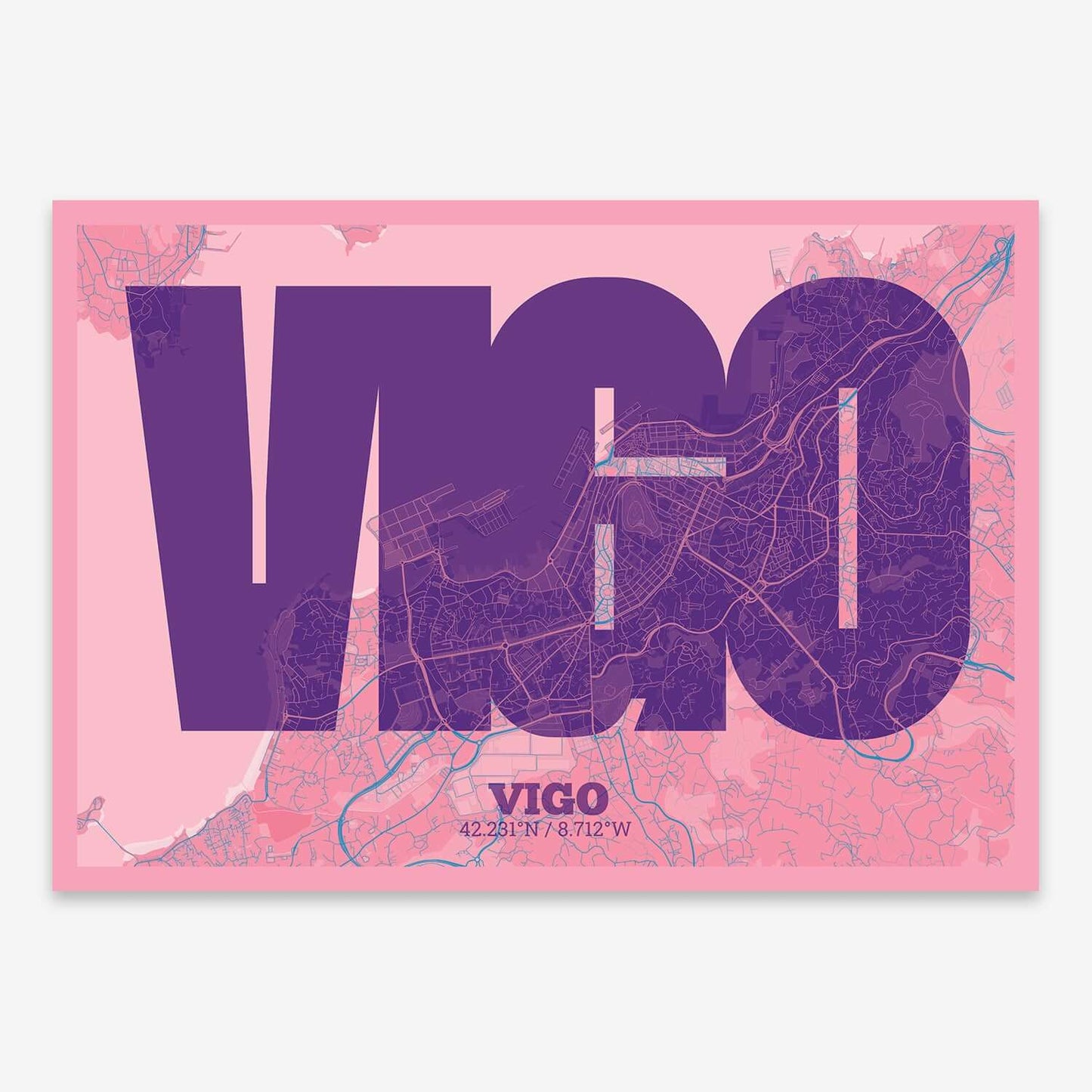The map of Vigo composed with letters in a heavy geometric font printed on violet y pink background