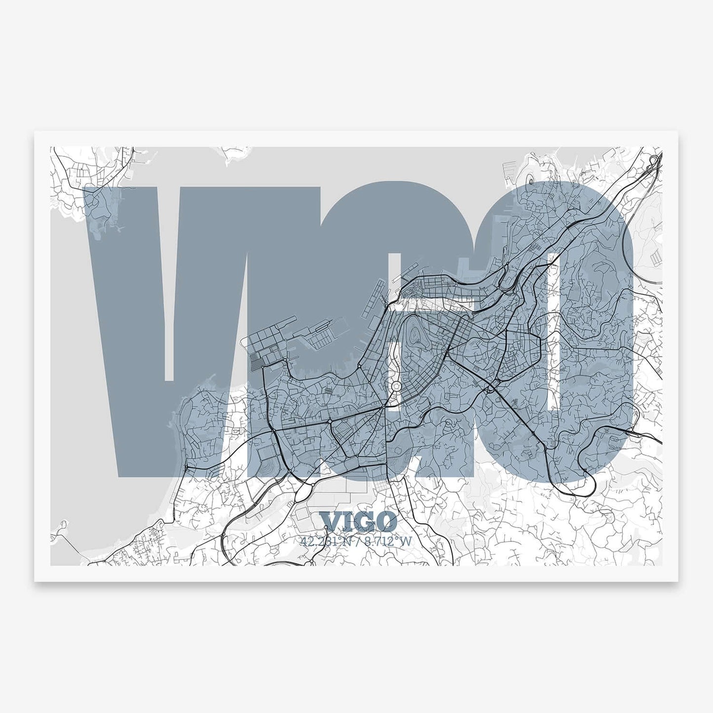The map of Vigo composed with letters in a heavy geometric font printed on black and white
