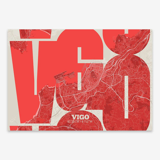 The map of Vigo composed with letters from its name or IATA code printed on red and an off-white background