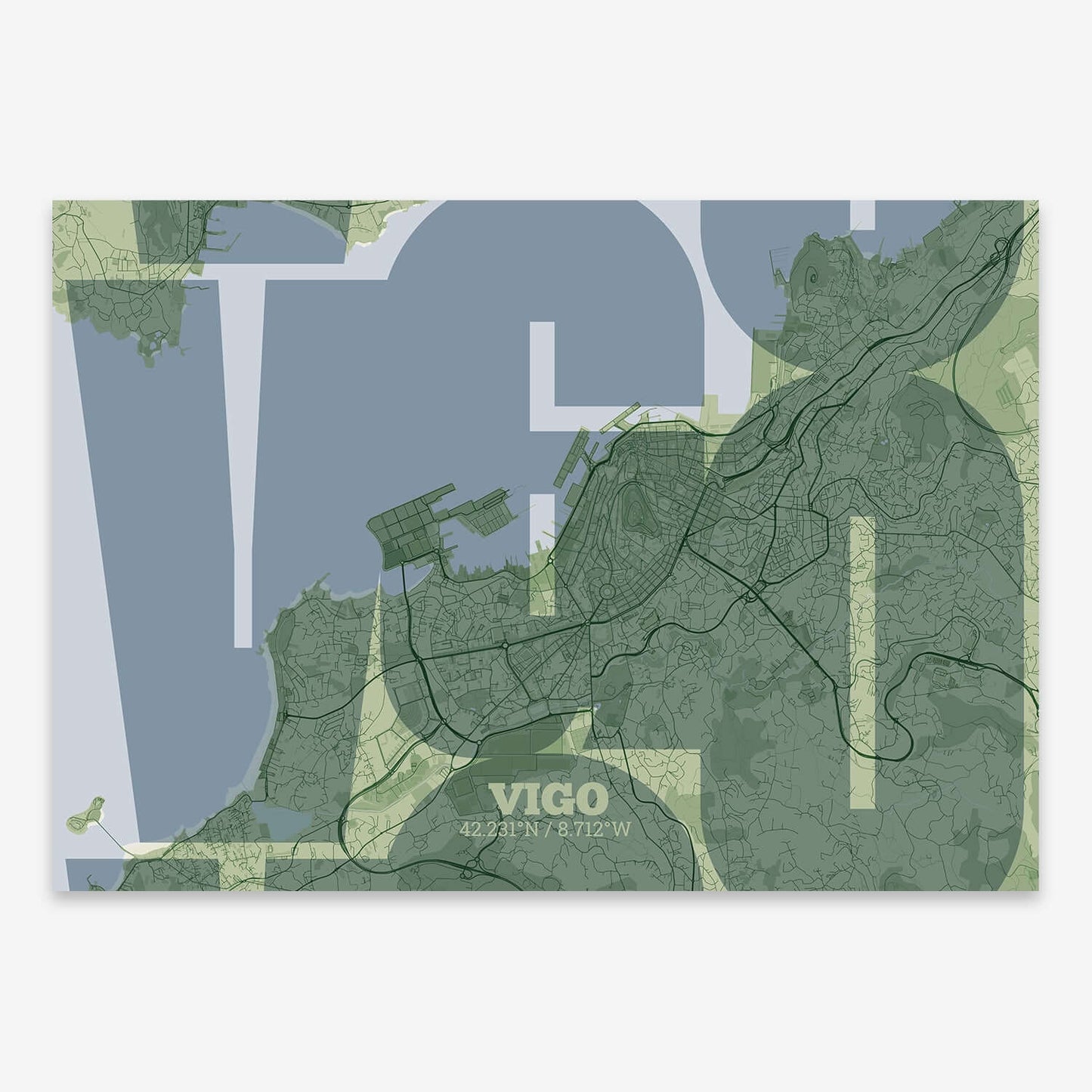 The map of Vigo composed with letters from its name or IATA code printed on two green tones