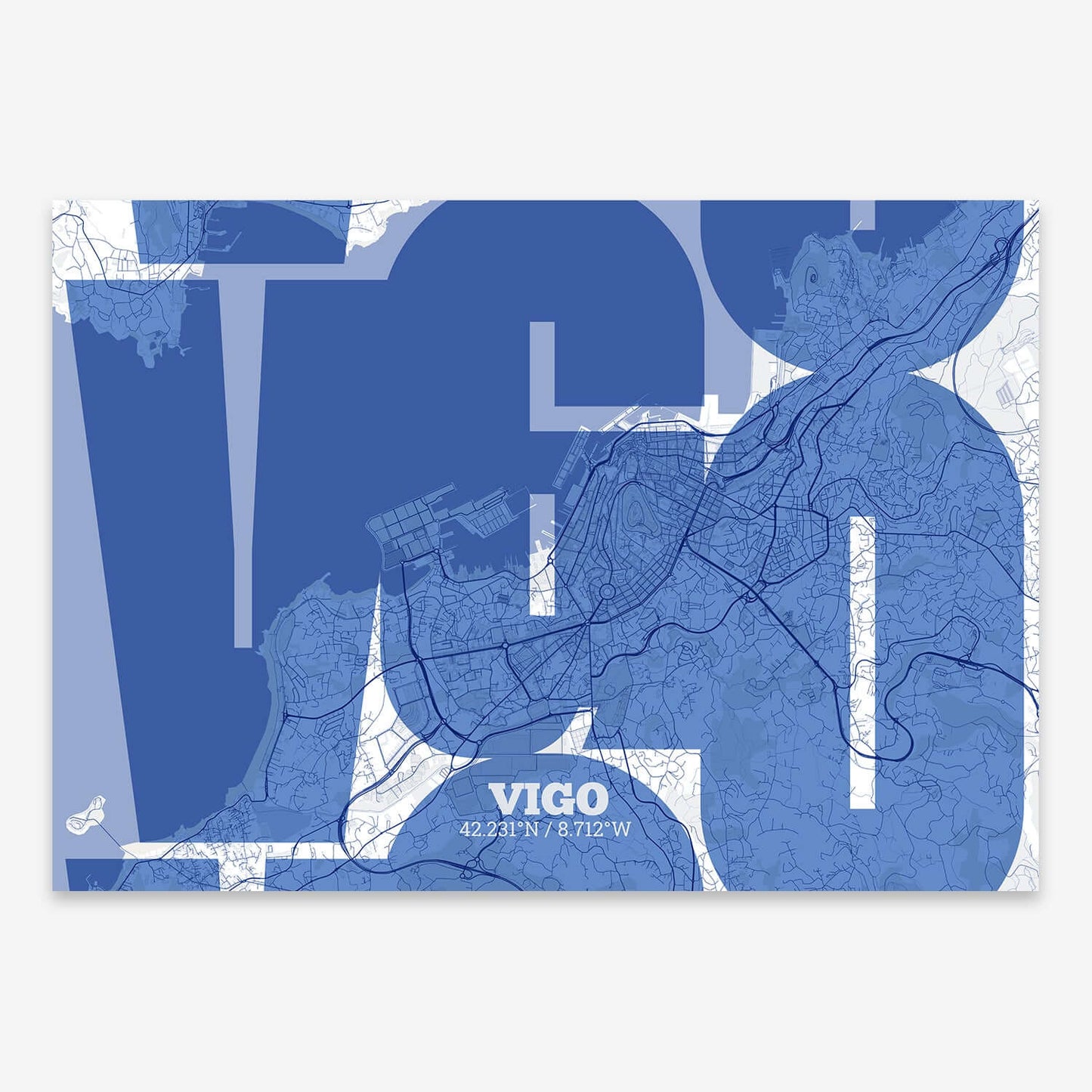 The map of Vigo composed with letters from its name or IATA code printed on navy blue and white