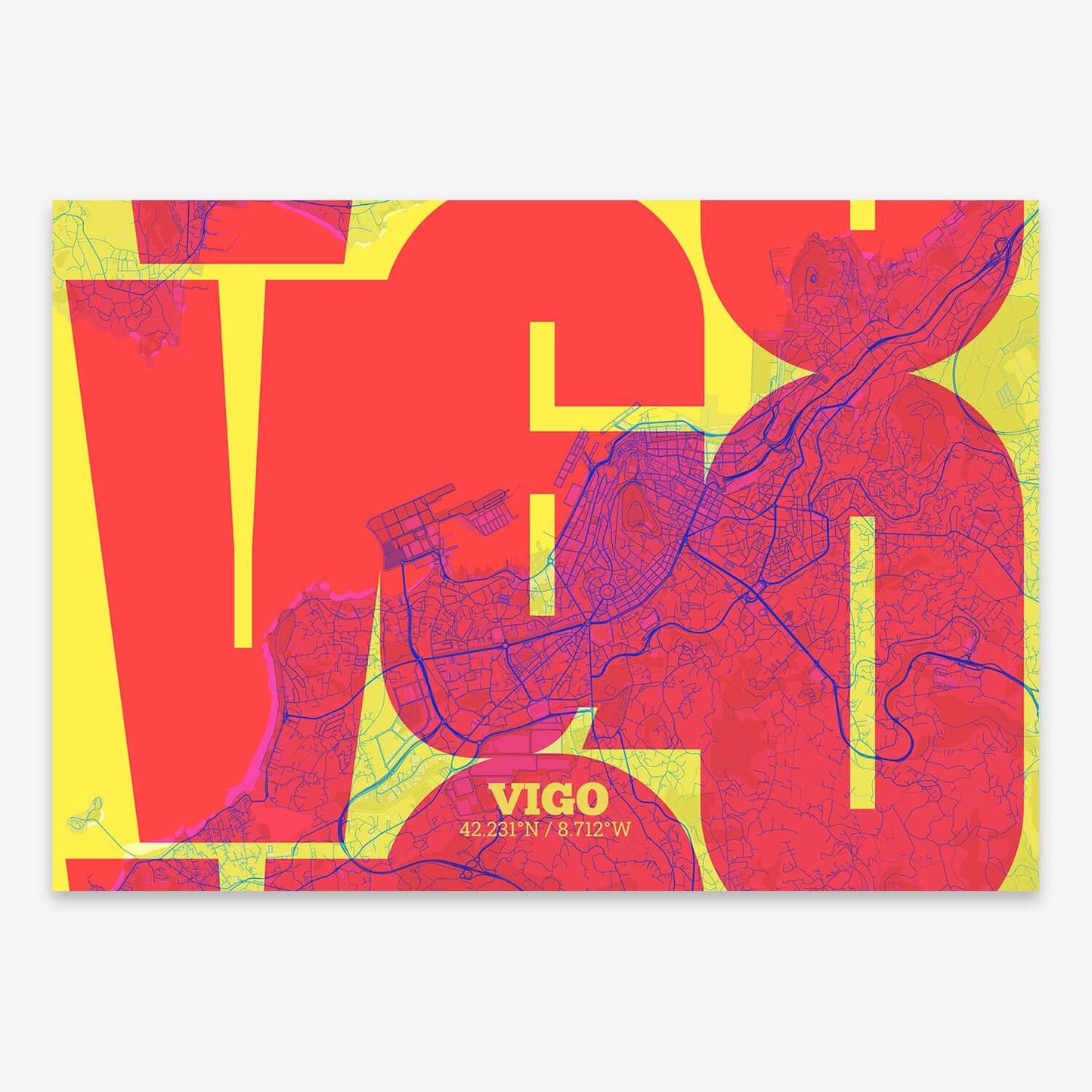 The map of Vigo composed with letters from its name or IATA code printed on yellow and fuchsia