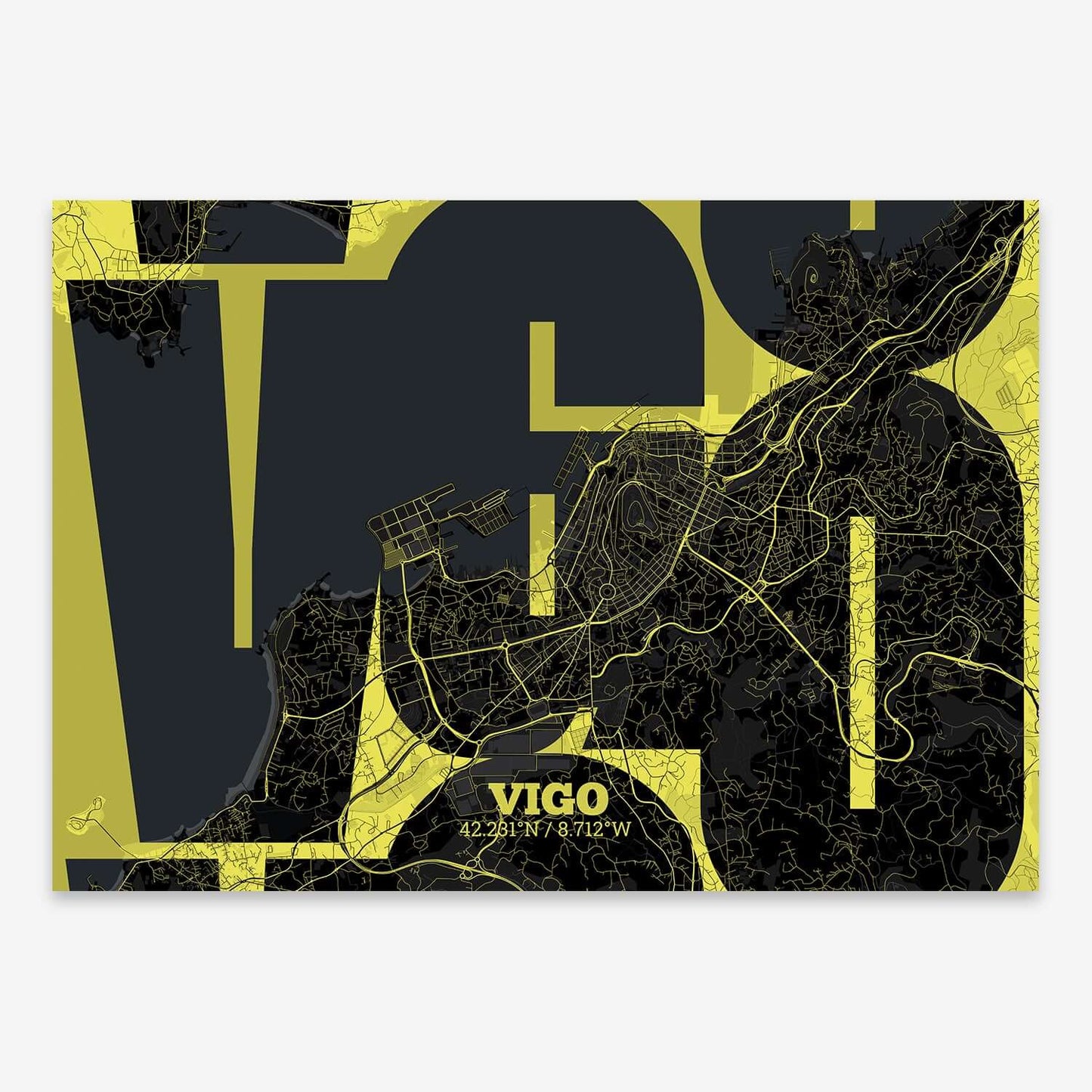 The map of Vigo composed with letters from its name or IATA code printed on black and yellow
