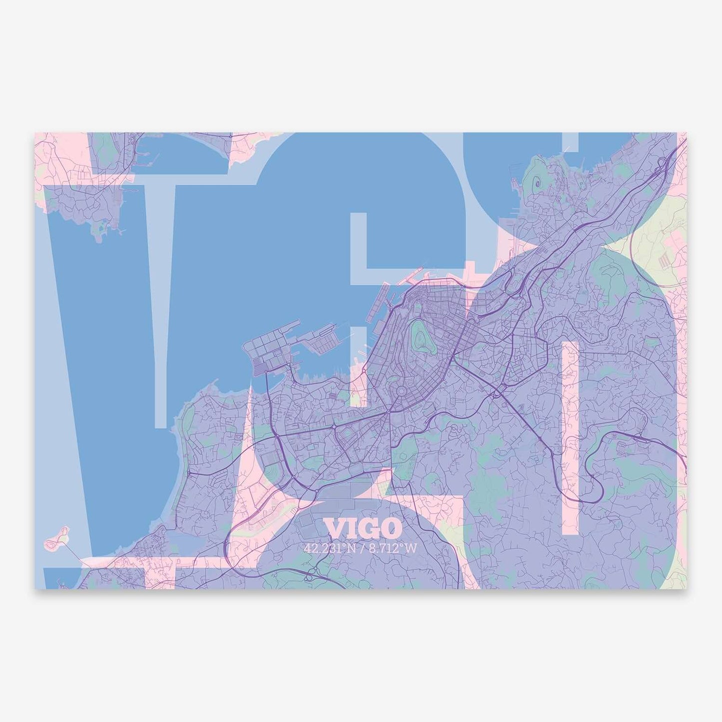 The map of Vigo composed with letters from its name or IATA code printed on pink and light blue