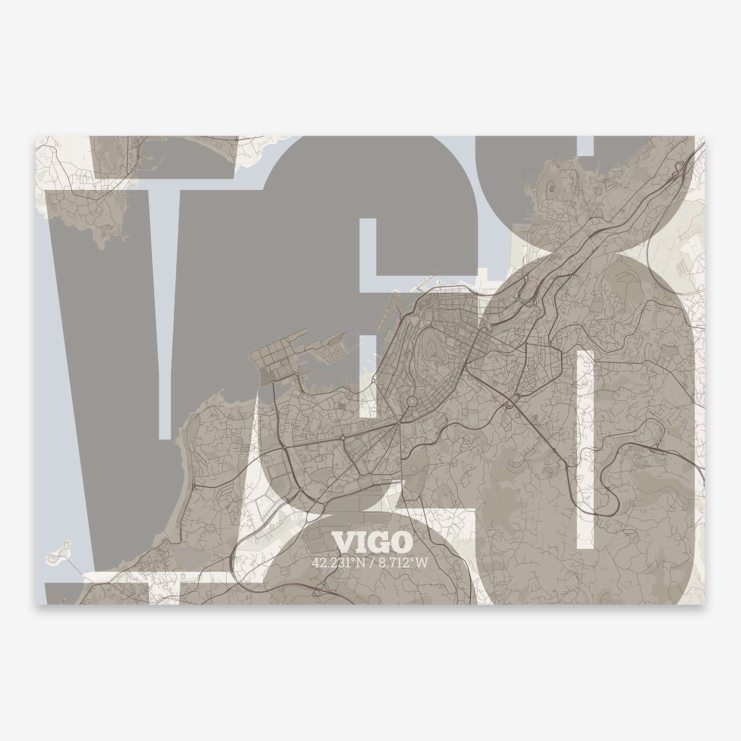 The map of Vigo composed with letters from its name or IATA code printed on light brown and an off-white background
