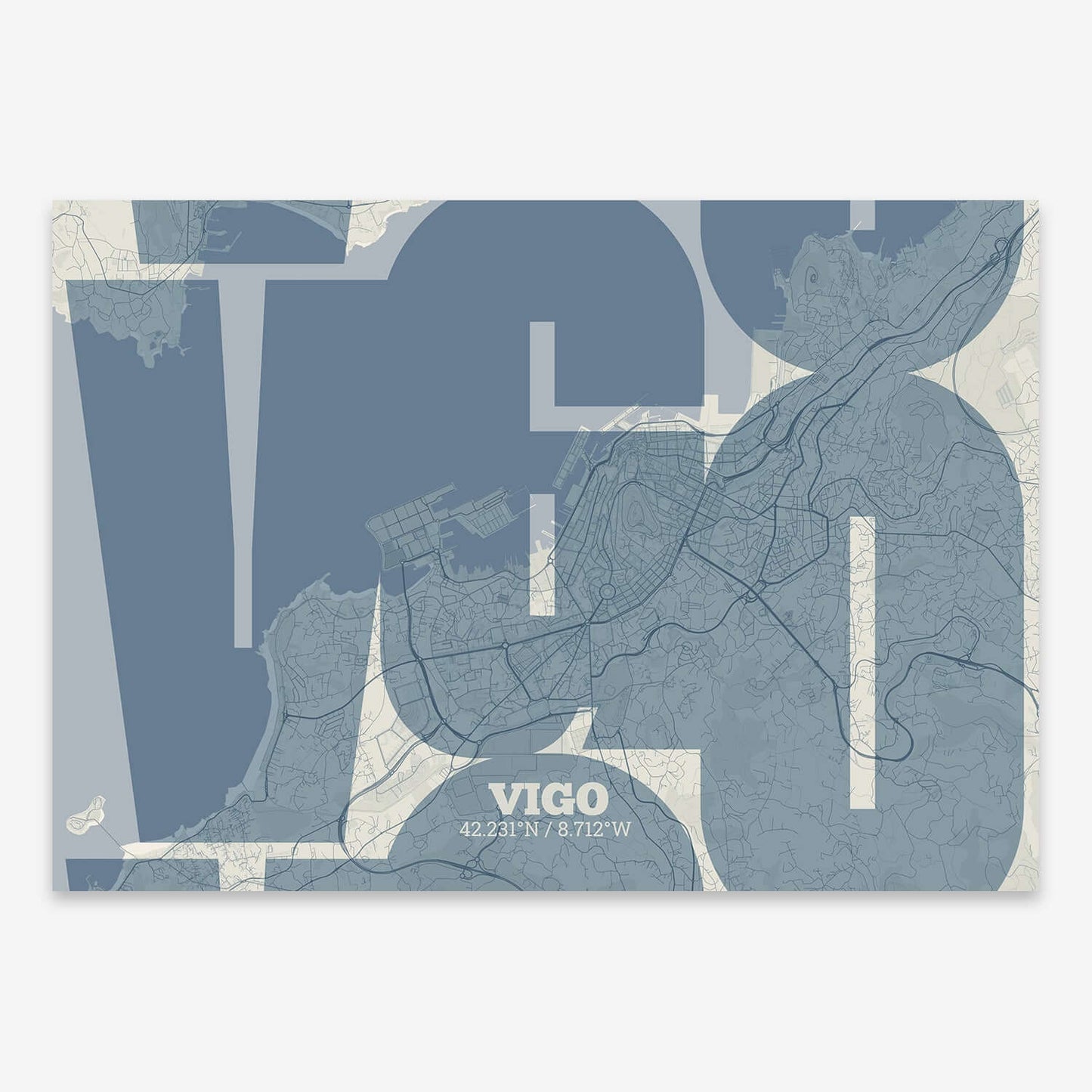 The map of Vigo composed with letters from its name or IATA code printed on bluish gray and an off-white background
