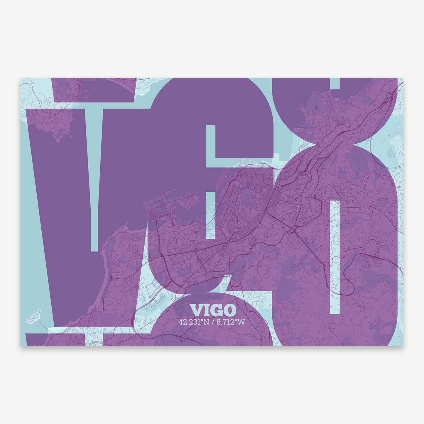 The map of Vigo composed with letters from its name or IATA code printed on purple and light blue