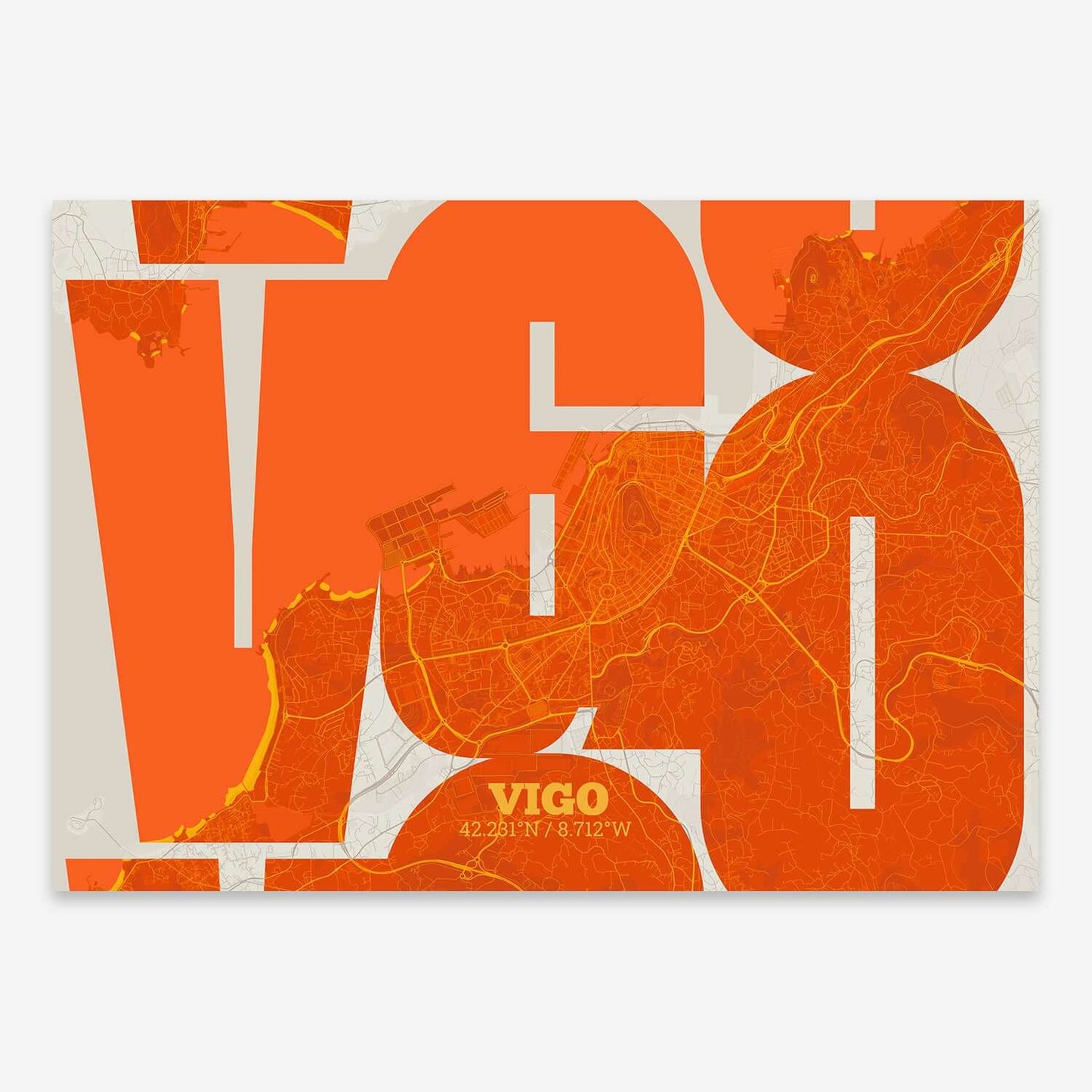 The map of Vigo composed with letters from its name or IATA code printed on orange and an off-white background