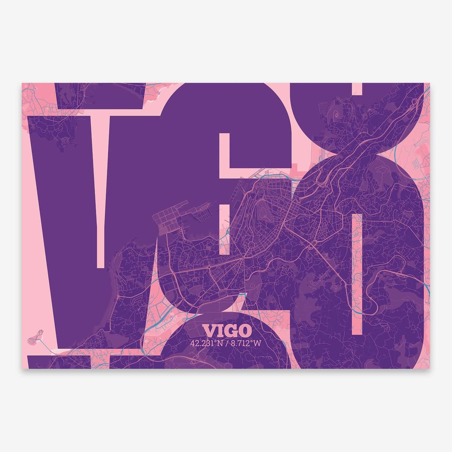 The map of Vigo composed with letters from its name or IATA code printed on violet y pink background