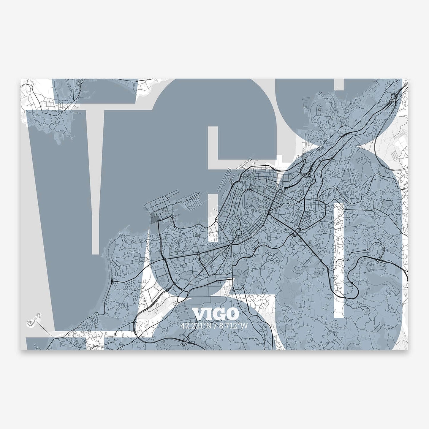 The map of Vigo composed with letters from its name or IATA code printed on black and white