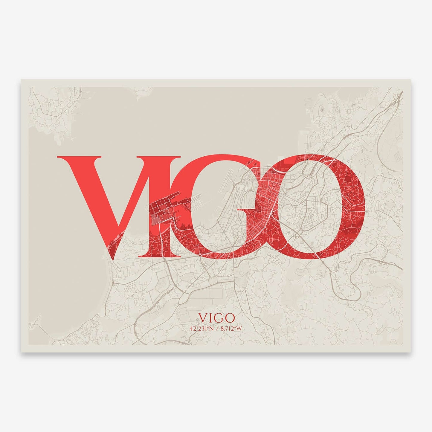 The map of Vigo composed with letters in serif font printed on red and an off-white background