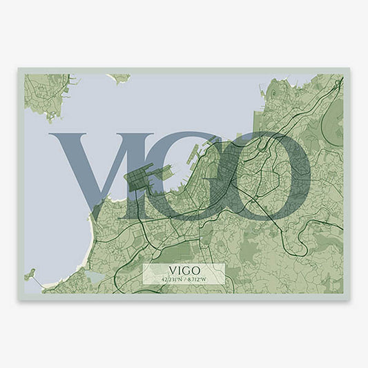 Decorative map of Vigo composed with letters in serif font printed on two green tones