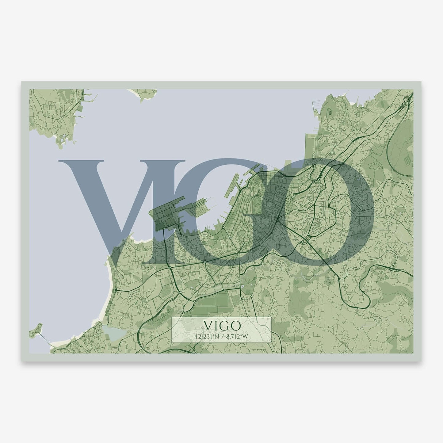 The map of Vigo composed with letters in serif font printed on two green tones