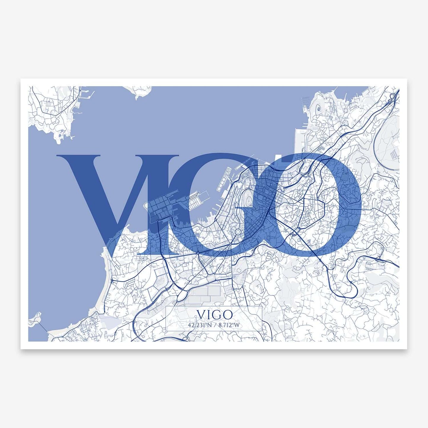 The map of Vigo composed with letters in serif font printed on navy blue and white