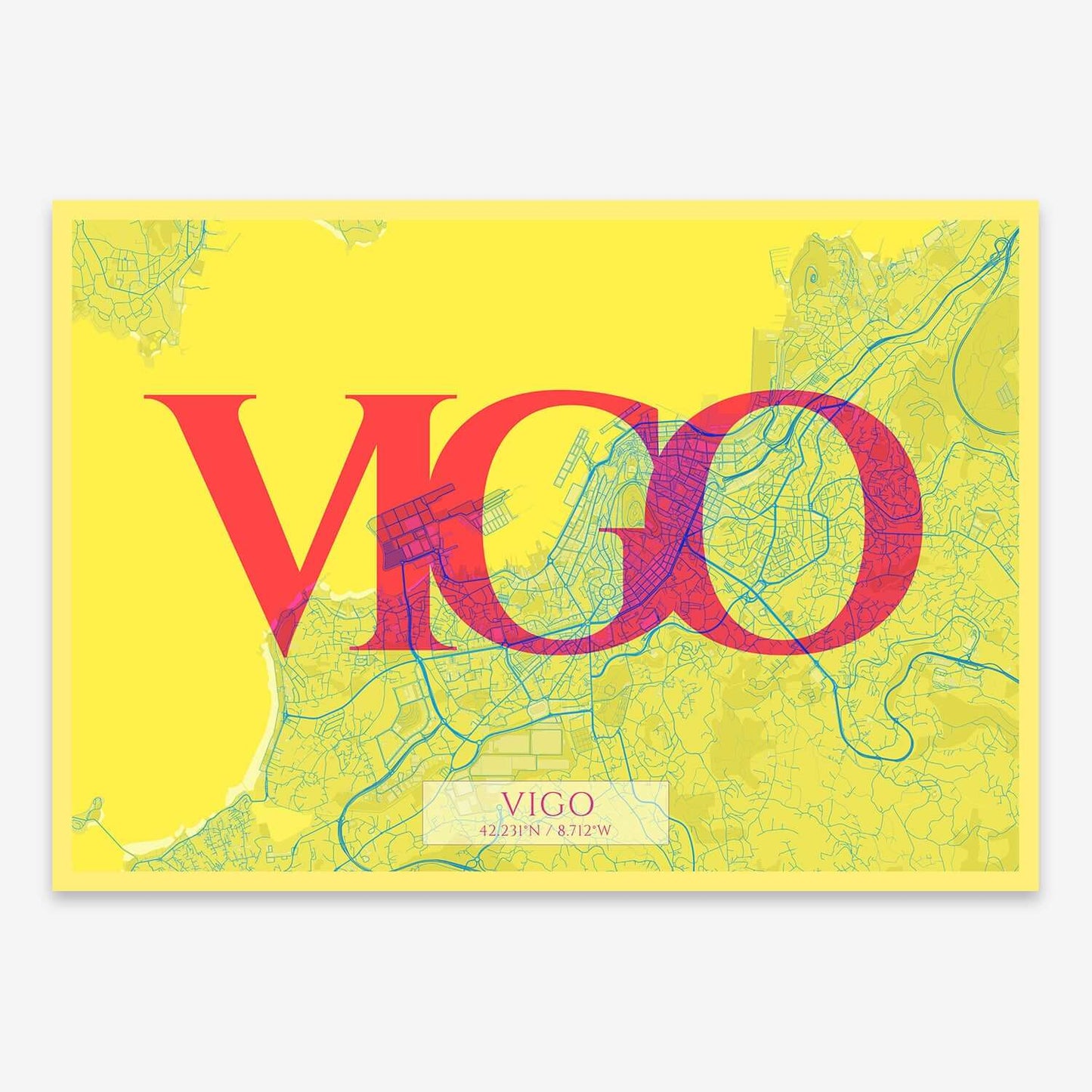 The map of Vigo composed with letters in serif font printed on yellow and fuchsia