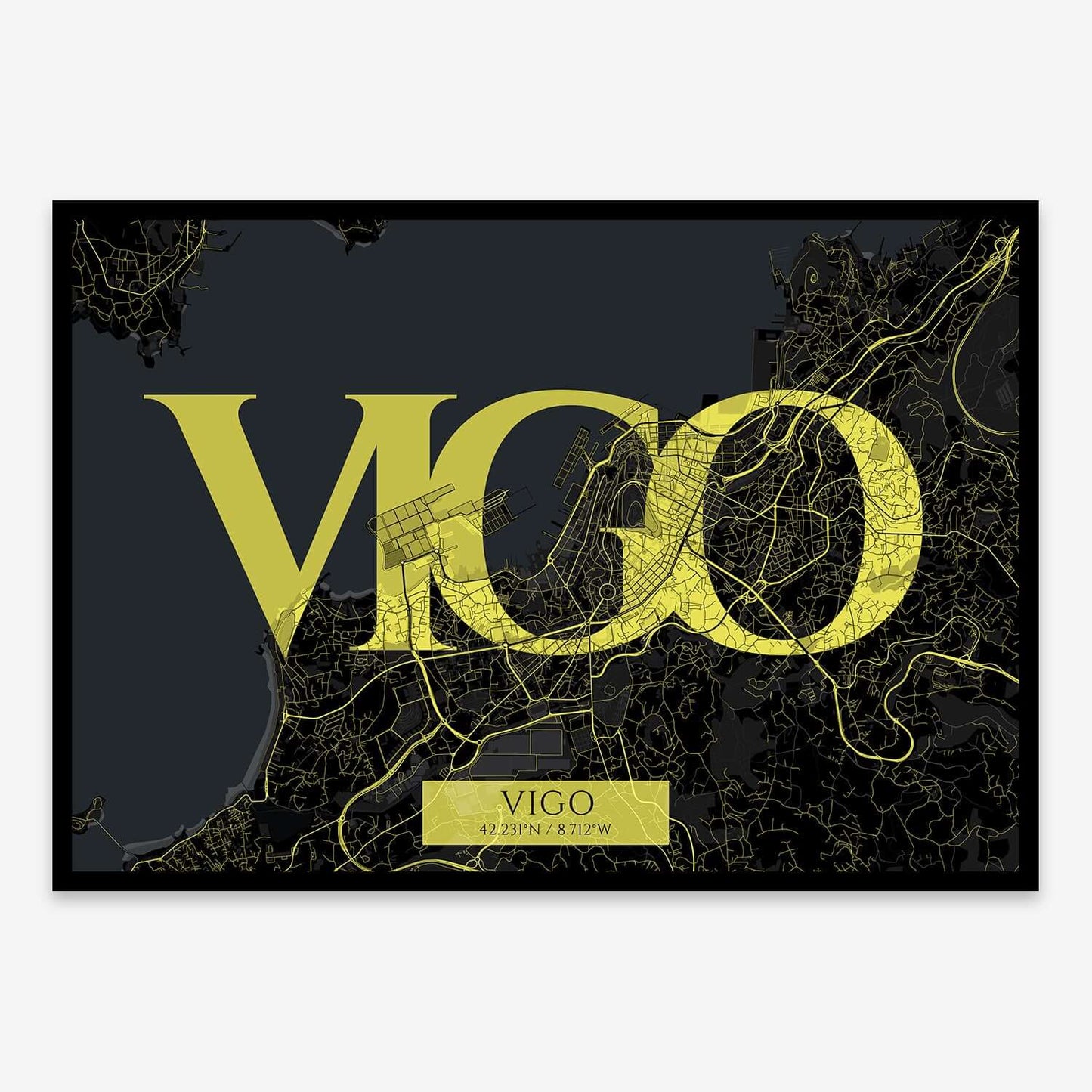 The map of Vigo composed with letters in serif font printed on black and yellow