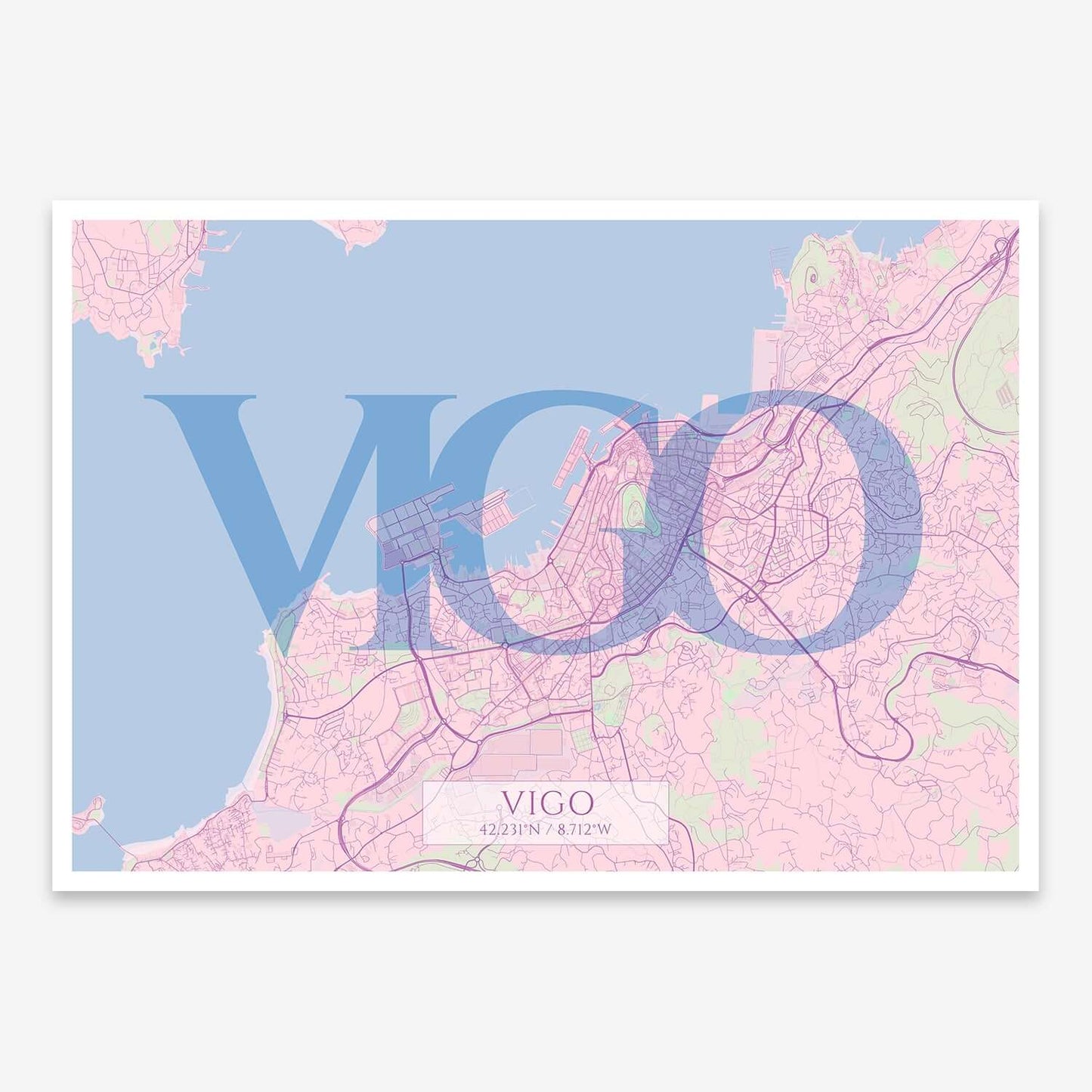 The map of Vigo composed with letters in serif font printed on pink and light blue