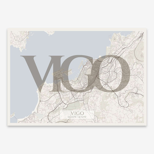 The map of Vigo composed with letters in serif font printed on light brown and an off-white background