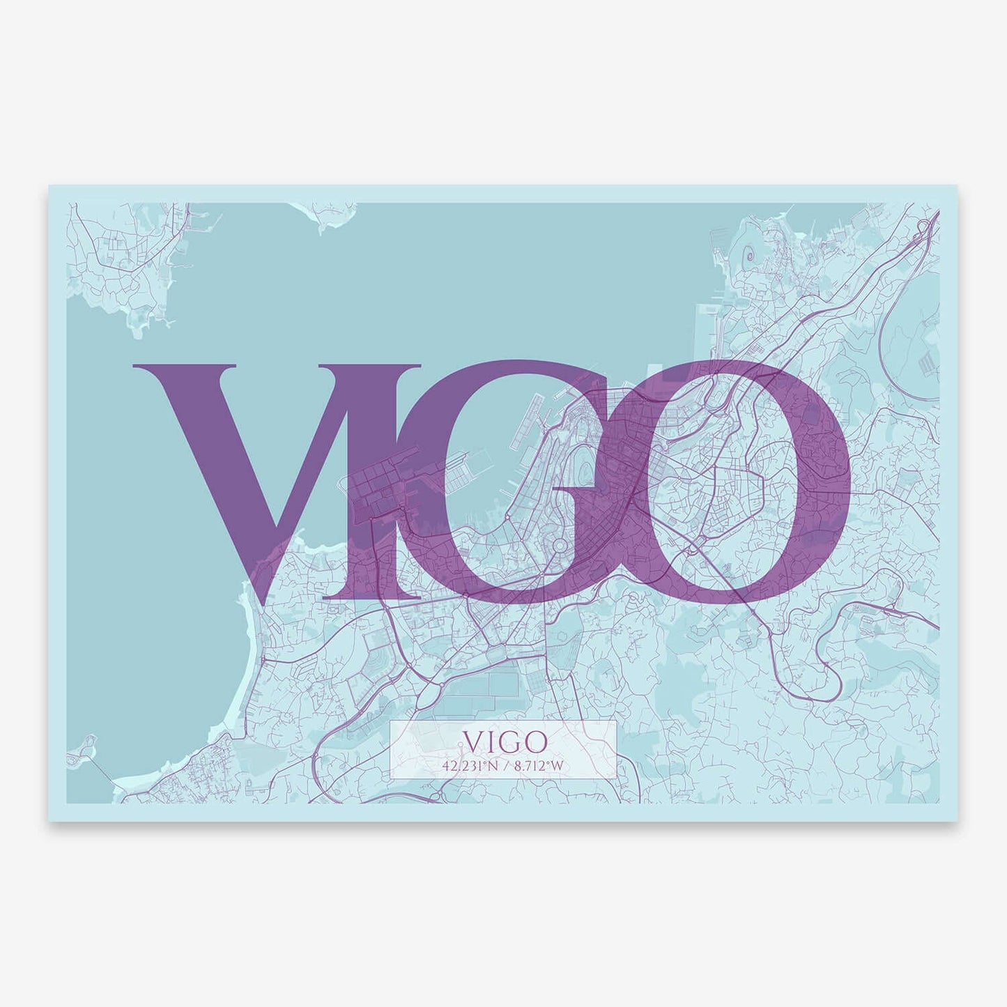 The map of Vigo composed with letters in serif font printed on purple and light blue