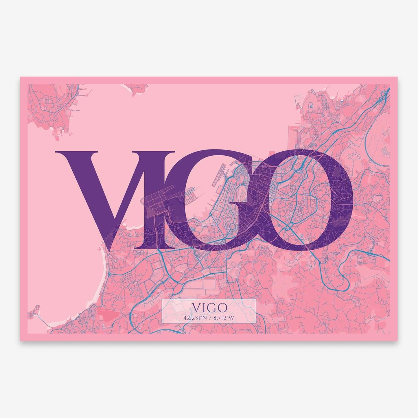 The map of Vigo composed with letters in serif font printed on violet y pink background
