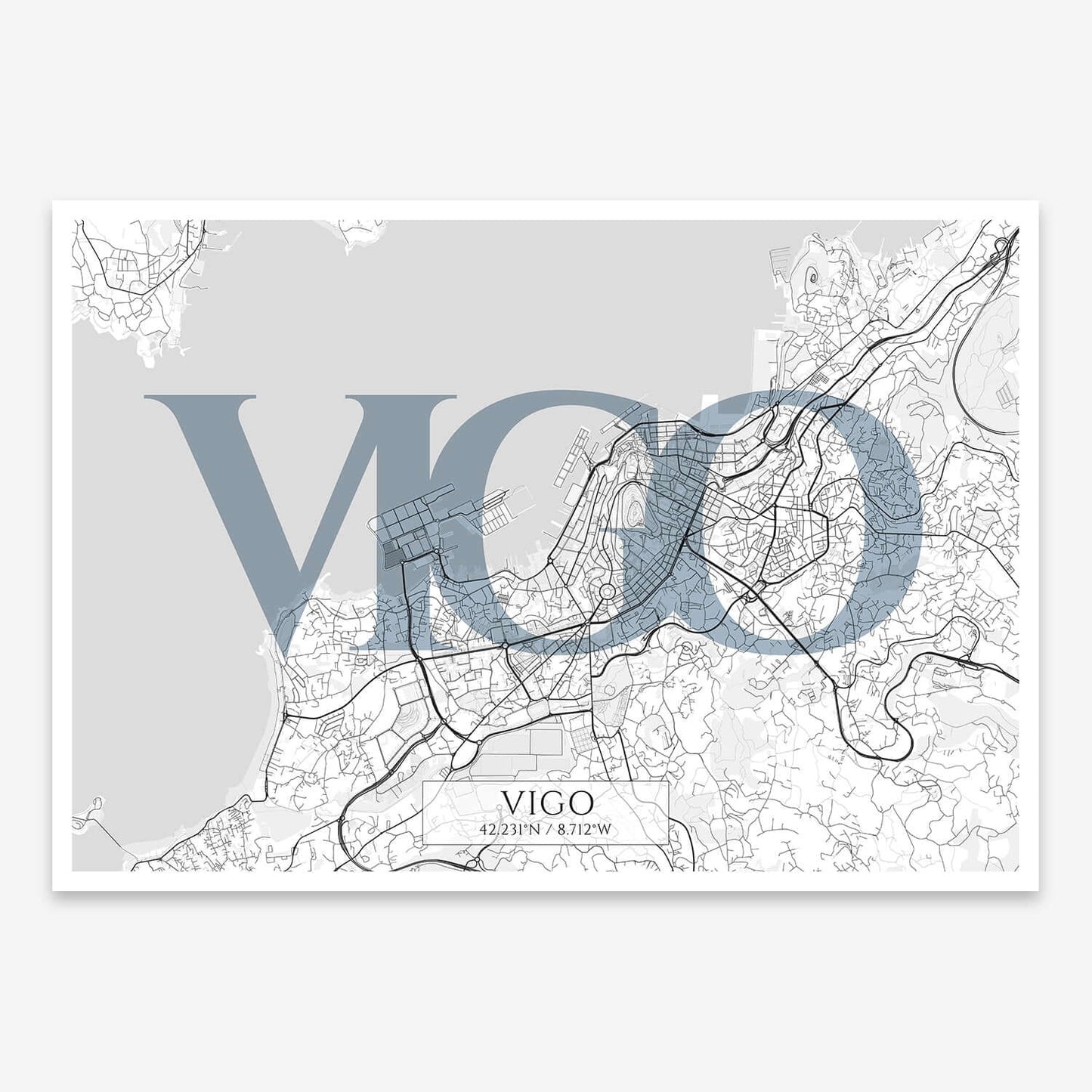 The map of Vigo composed with letters in serif font printed on black and white