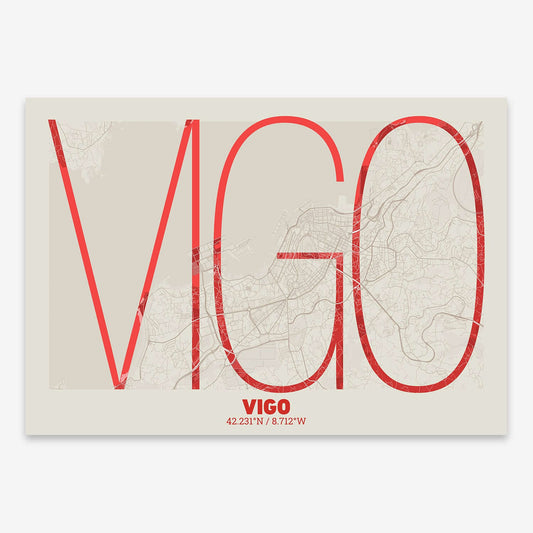 The map of Vigo composed with letters in extra light font printed on red and an off-white background