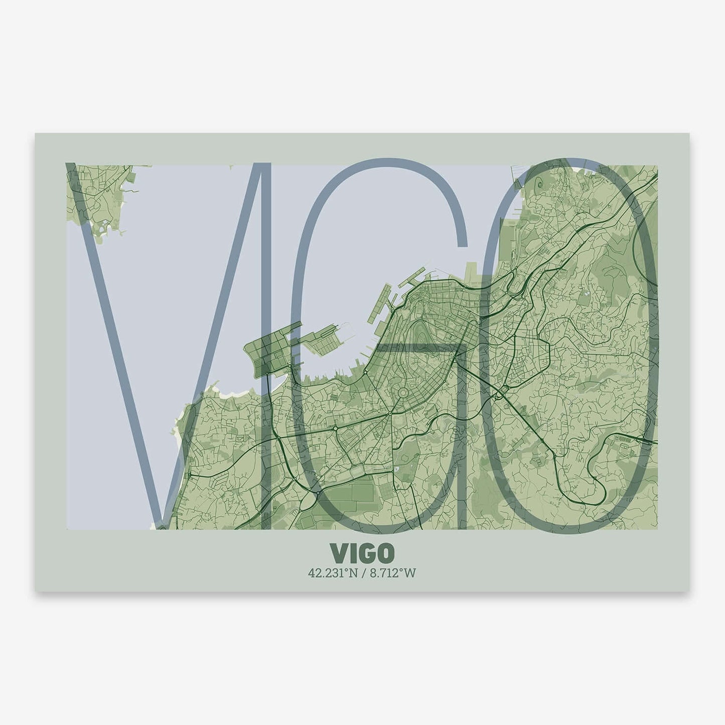 The map of Vigo composed with letters in extra light font printed on two green tones