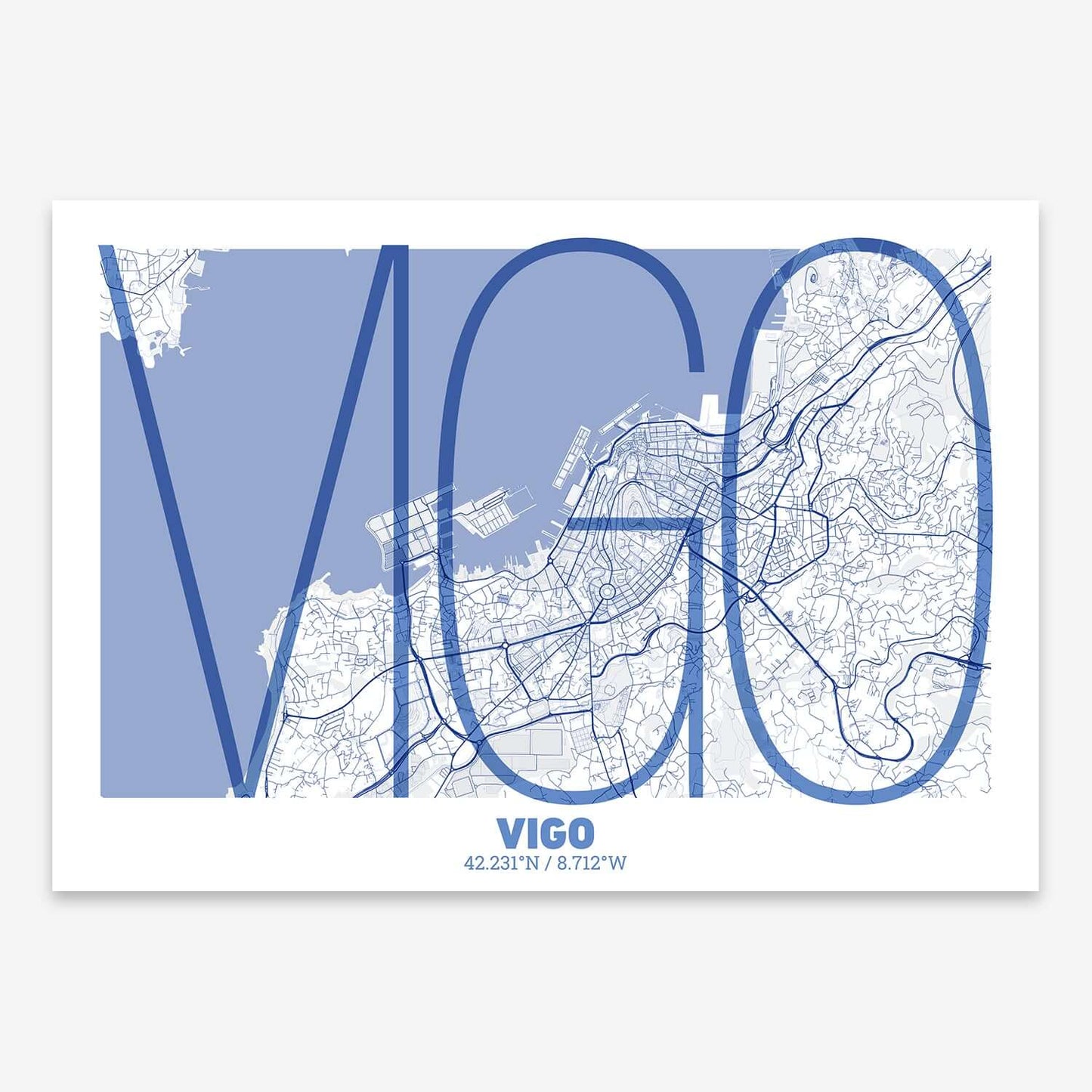 The map of Vigo composed with letters in extra light font printed on navy blue and white