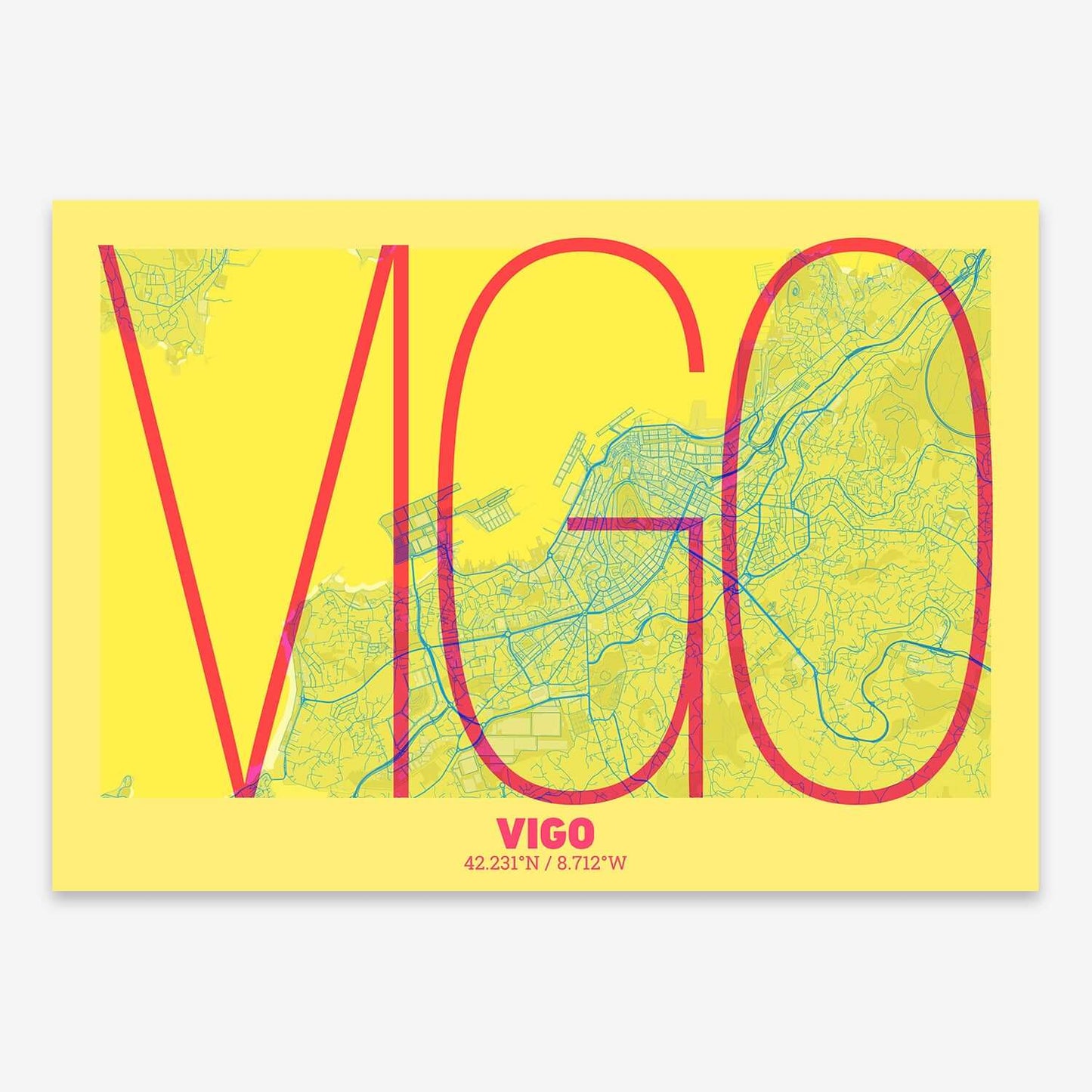 The map of Vigo composed with letters in extra light font printed on yellow and fuchsia