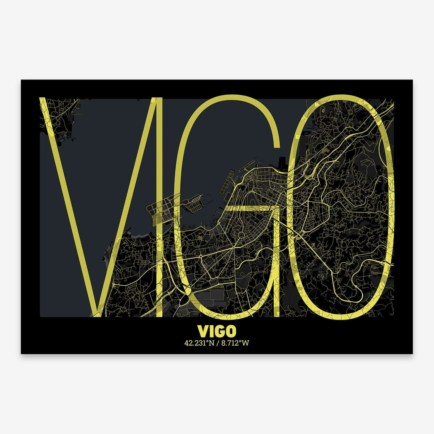 The map of Vigo composed with letters in extra light font printed on black and yellow
