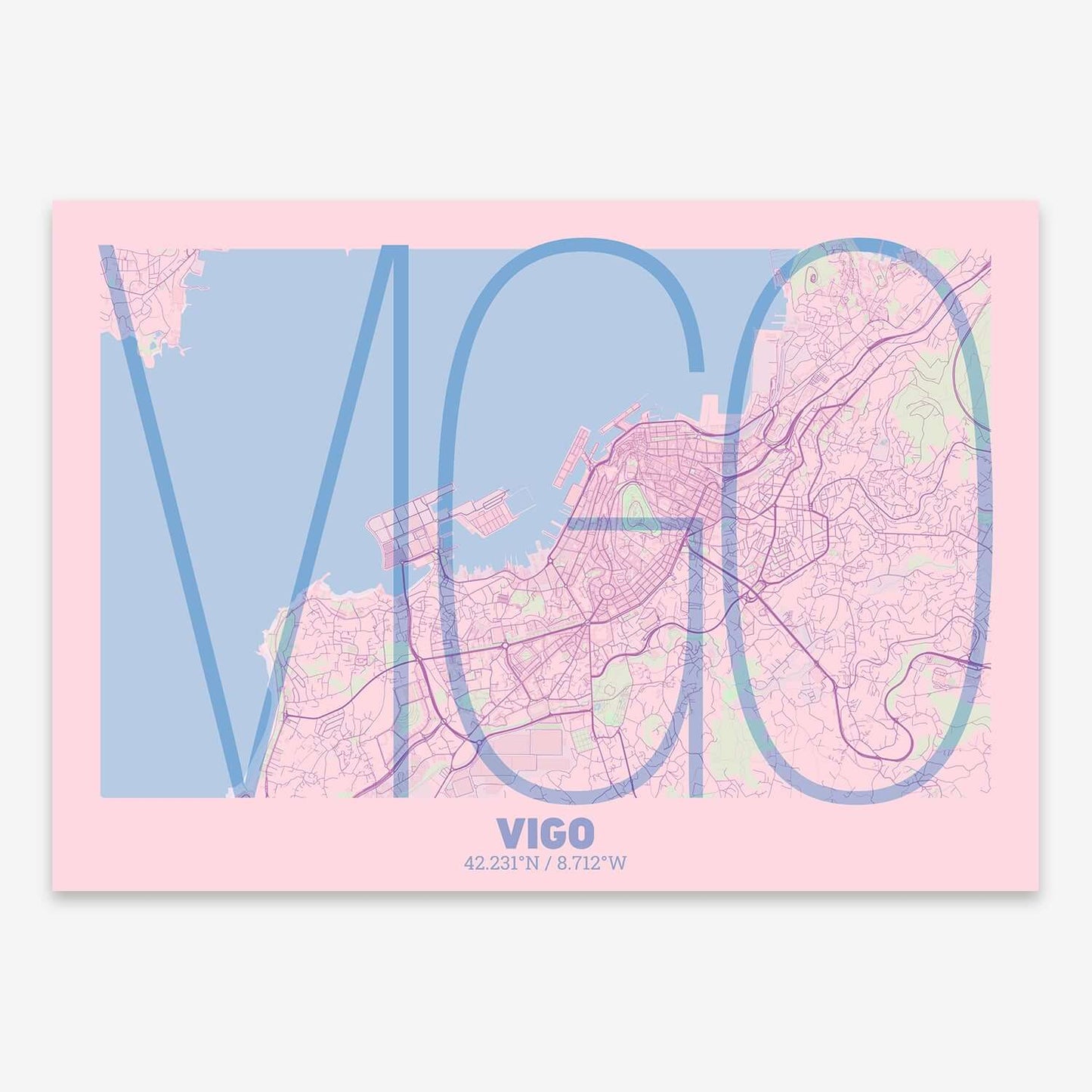 The map of Vigo composed with letters in extra light font printed on pink and light blue