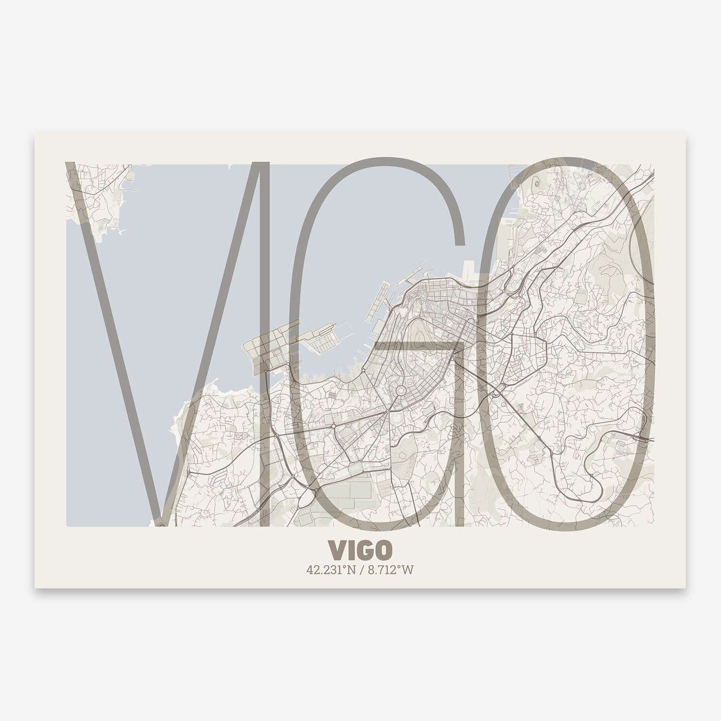 The map of Vigo composed with letters in extra light font printed on light brown and an off-white background