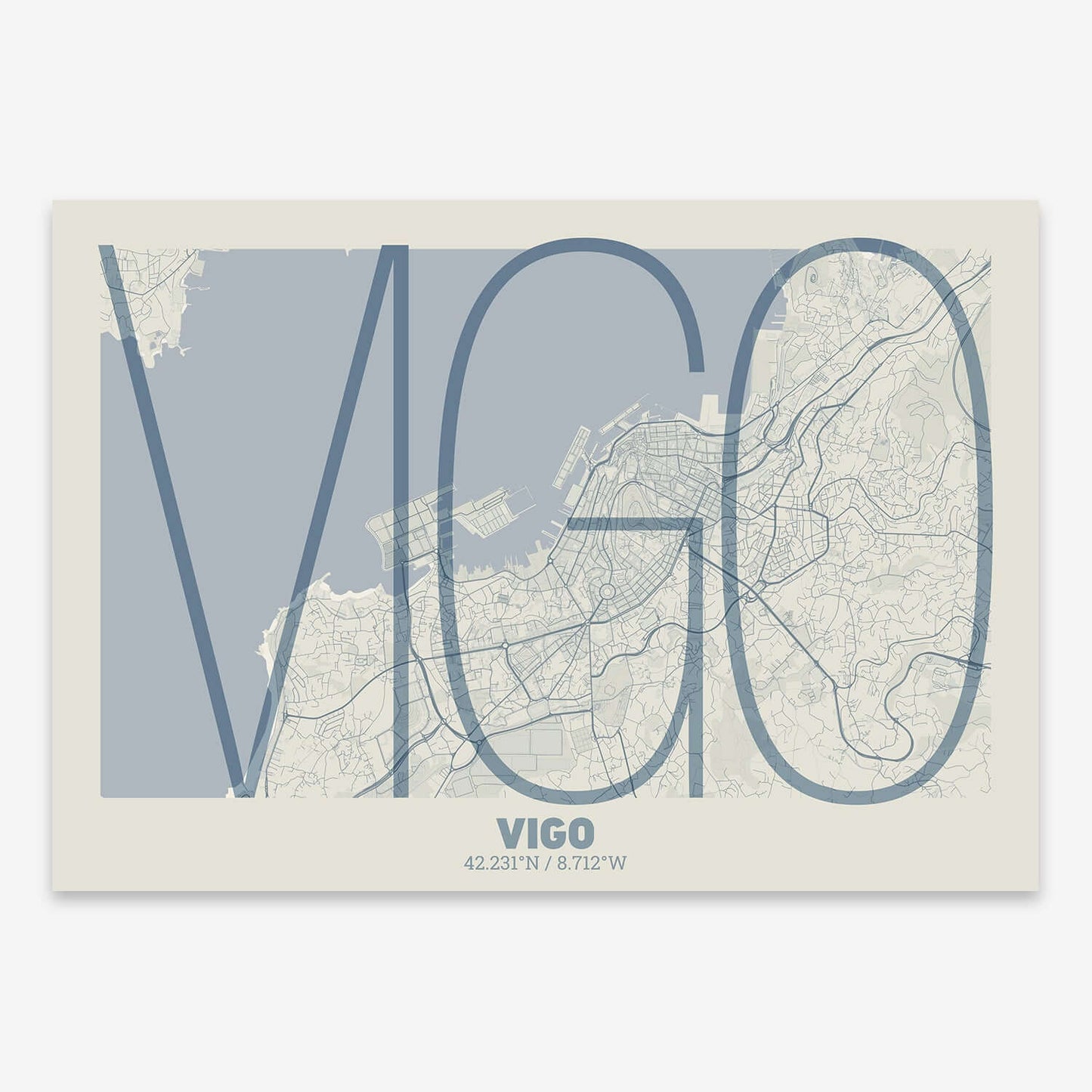 The map of Vigo composed with letters in extra light font printed on bluish gray and an off-white background
