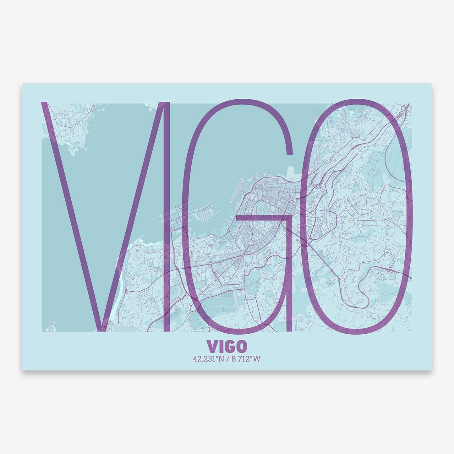 The map of Vigo composed with letters in extra light font printed on purple and light blue