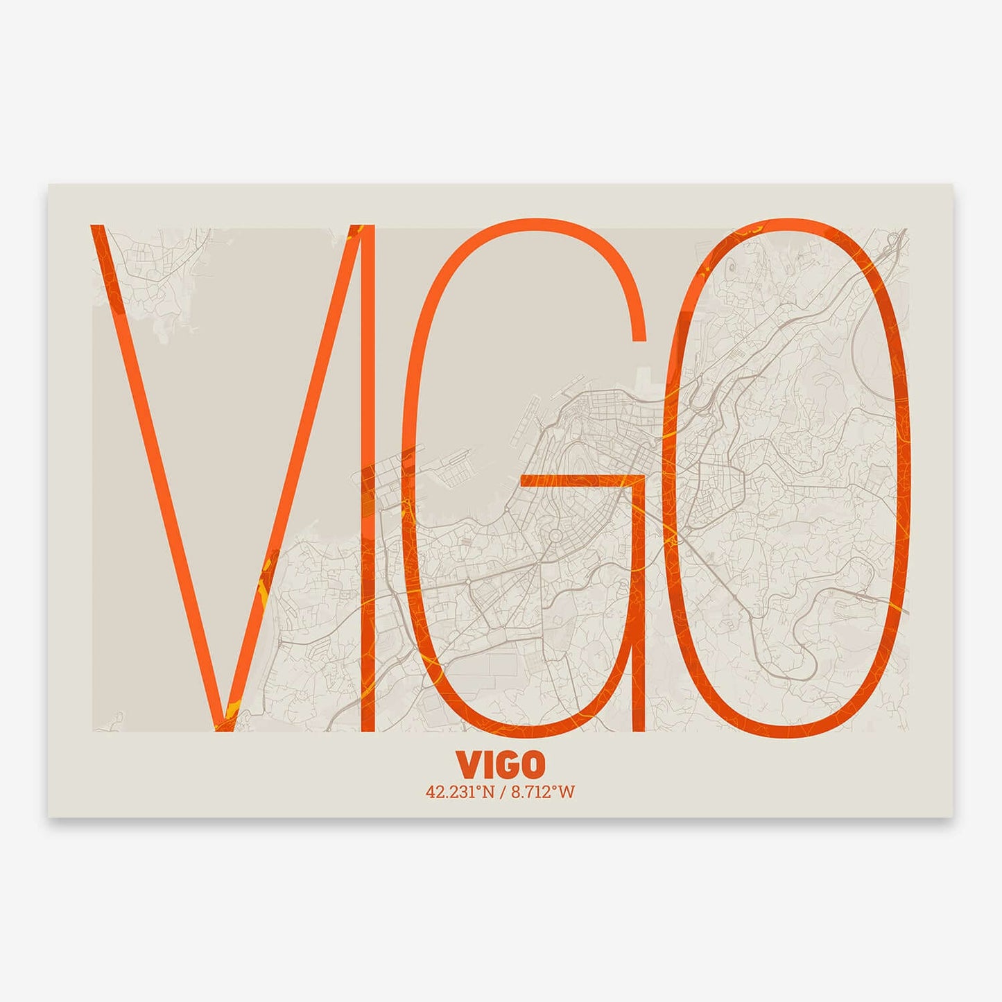 The map of Vigo composed with letters in extra light font printed on orange and an off-white background