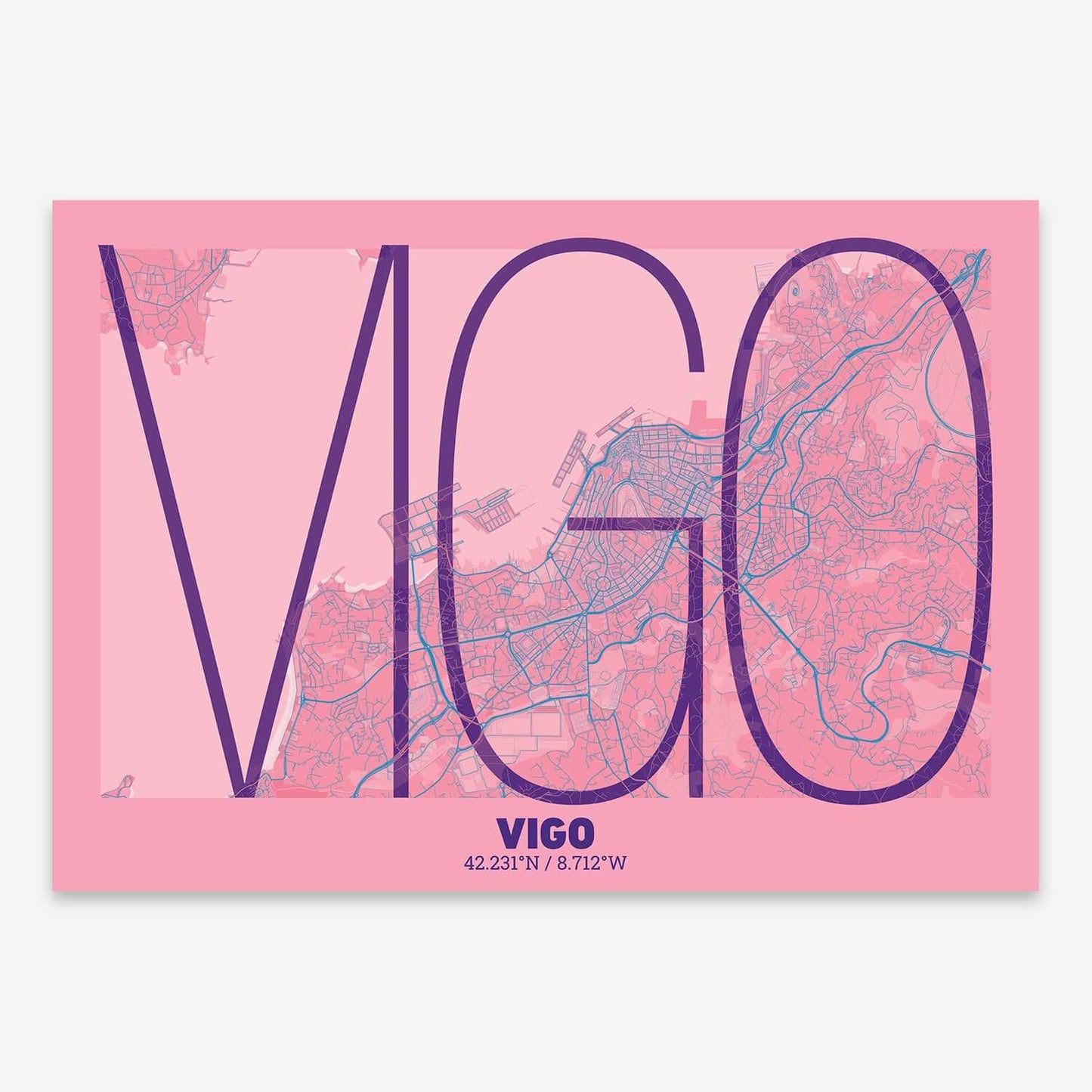 The map of Vigo composed with letters in extra light font printed on violet y pink background
