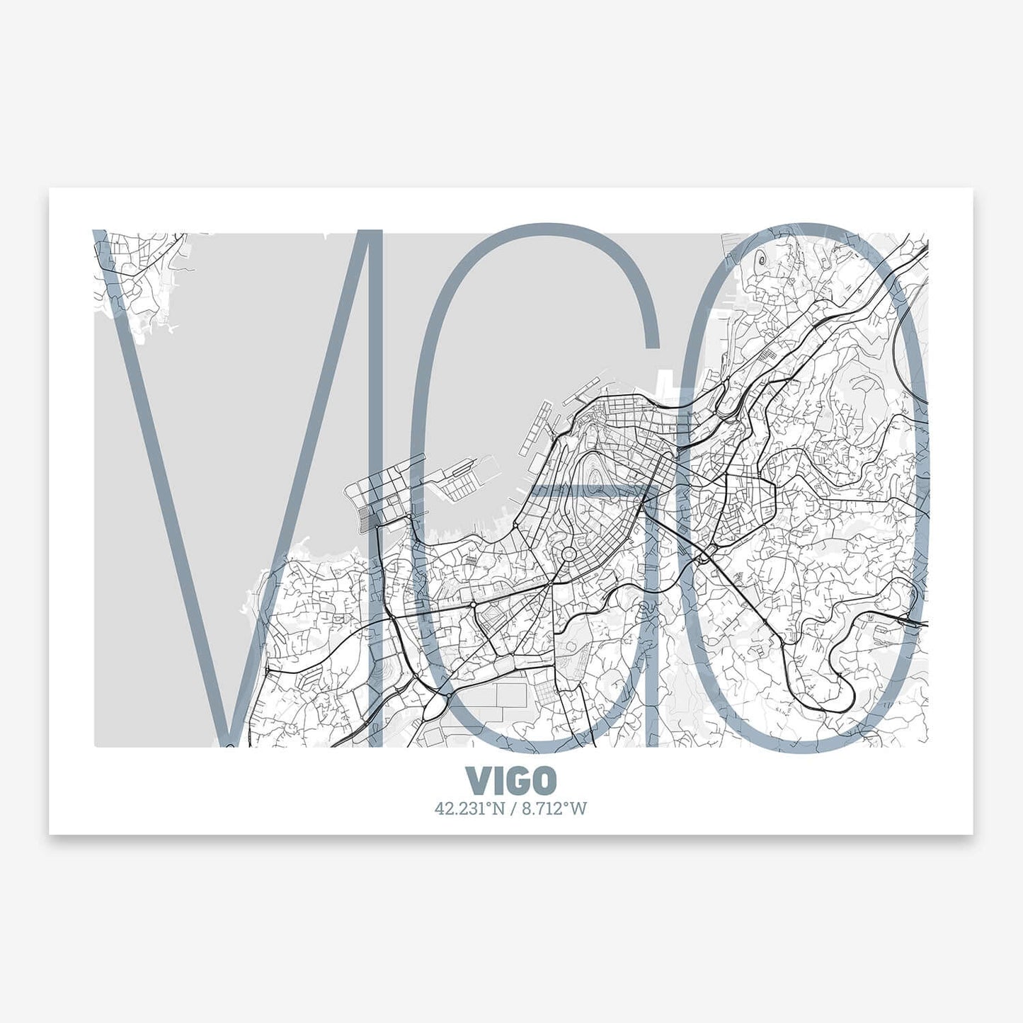 The map of Vigo composed with letters in extra light font printed on black and white