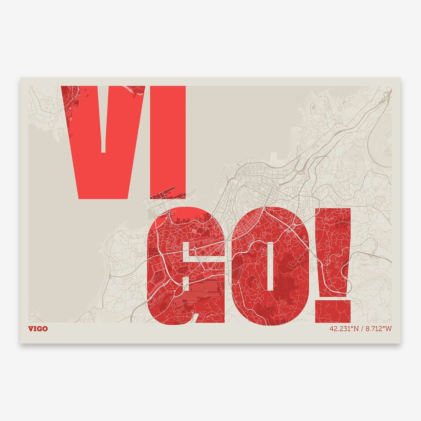 The map of Vigo with letters of its name placed randomly, designed in red and an off-white background