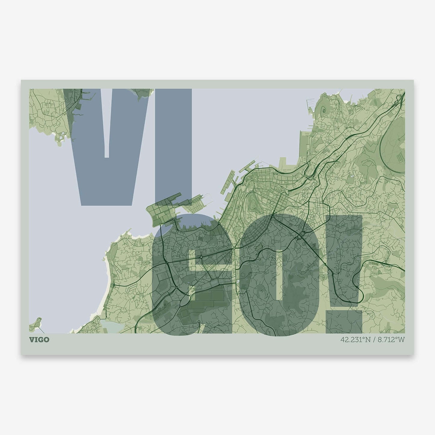 The map of Vigo with letters of its name placed randomly, designed in two green tones